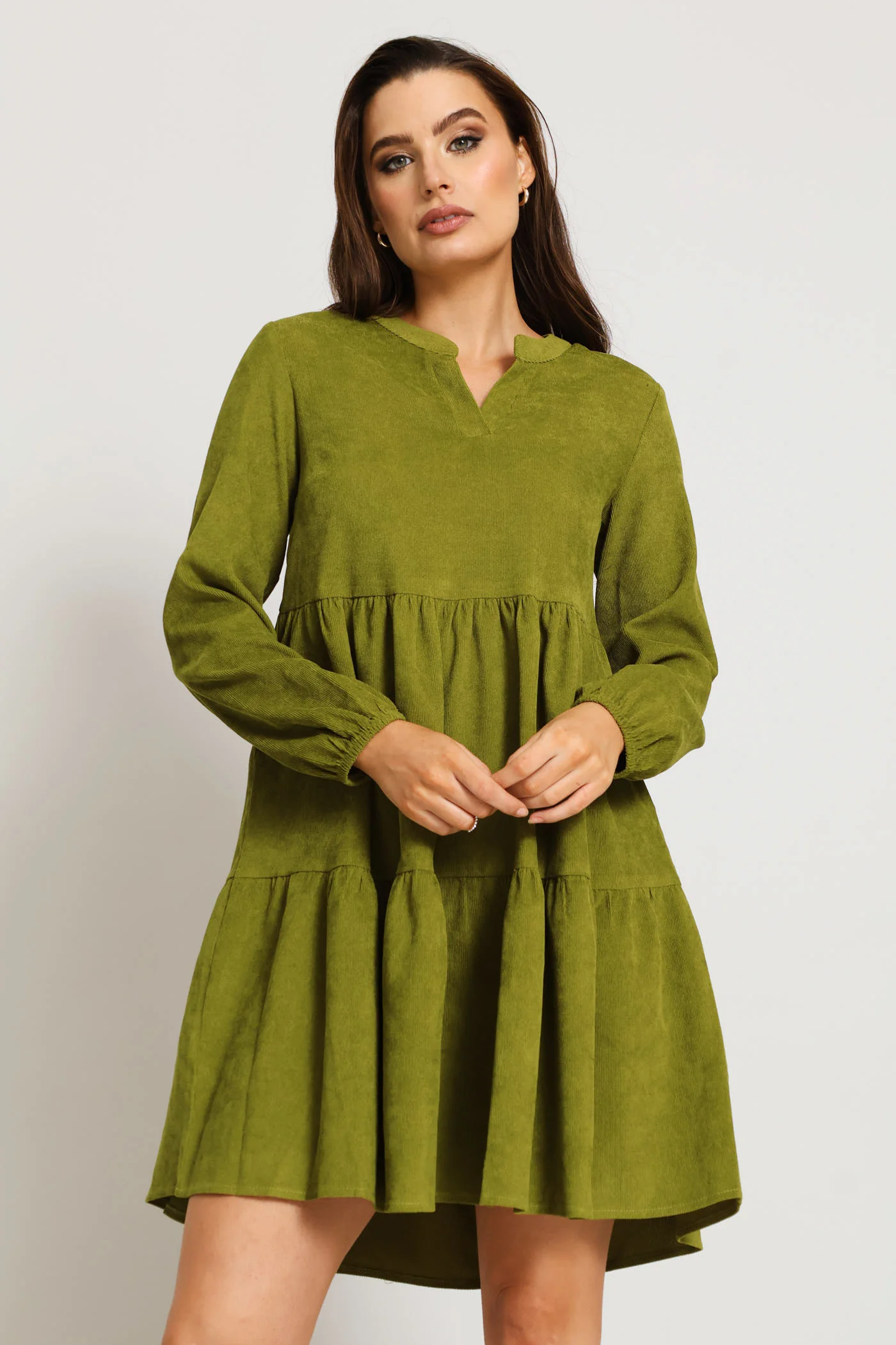 1/4 Mandarin Tiered Corduroy Mini Dress - Chartreuse - Image 2