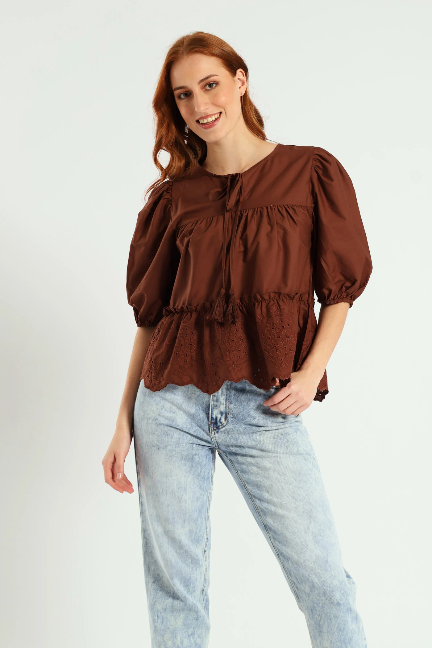 3/4 Sleeve Babydoll Puff Printed Top - Dark Brown