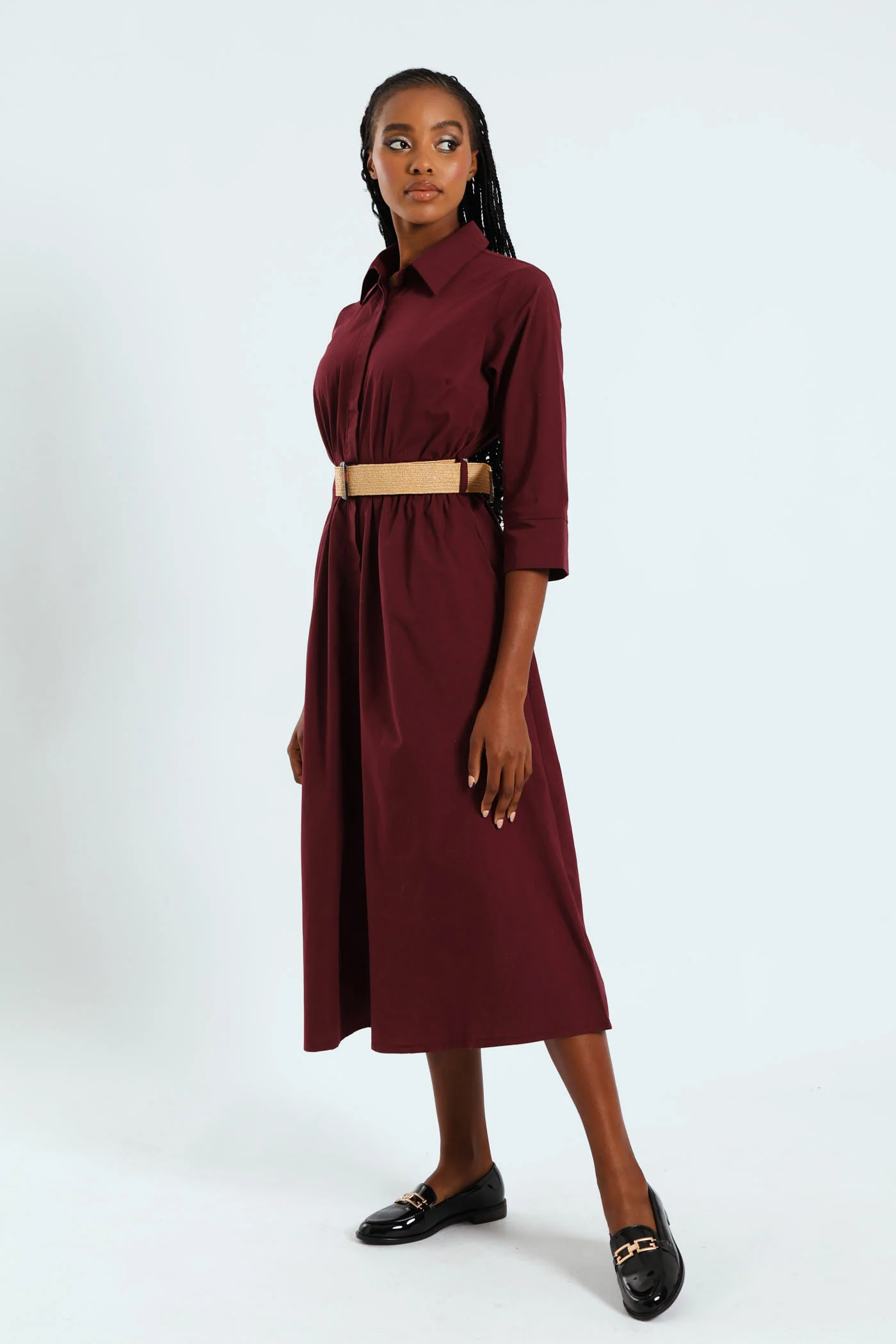 3/4 Sleeve Belted Midi Shirt Dress - Burgundy - Image 2
