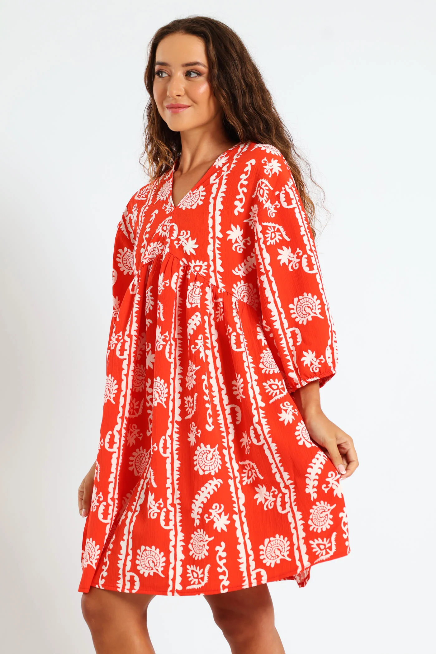 3/4 Sleeve V-Neck Babydoll Mini Dress - Bright Orange - Image 3