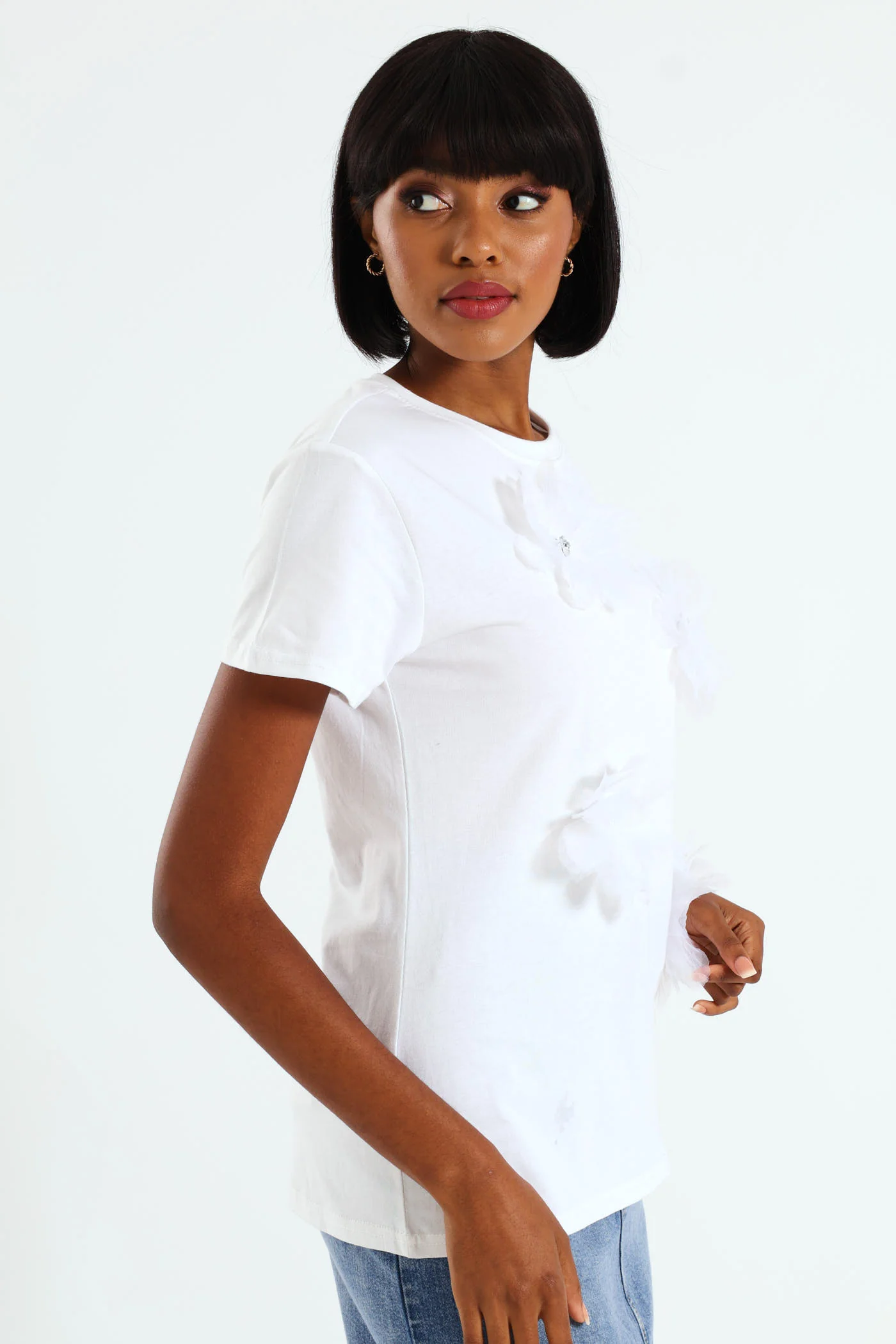 3D Flower Applique Oversized Tee - White - Image 3