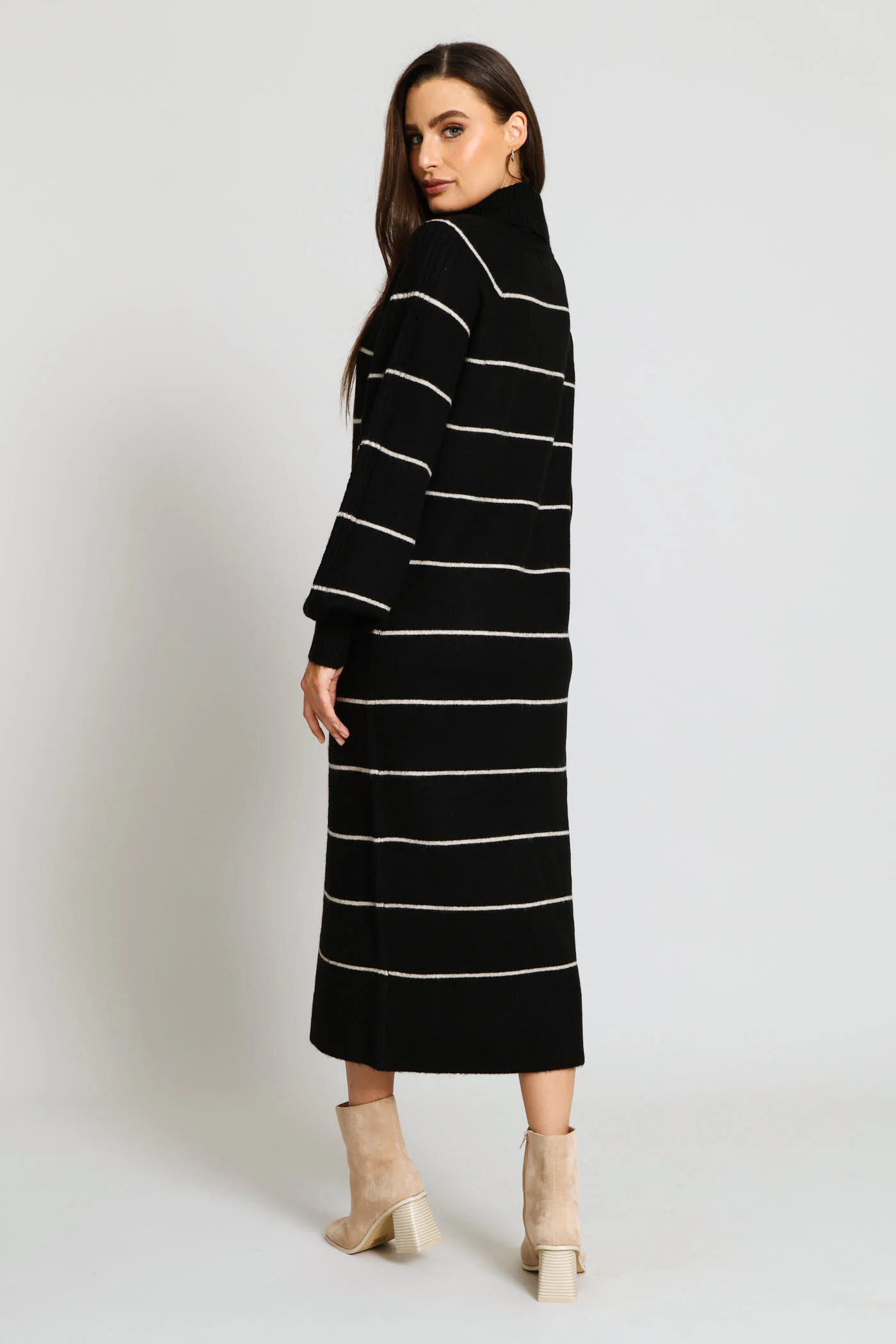 Balloon Sleeve Roll Neck Jersey Midi Dress - Black/Beige - Image 3