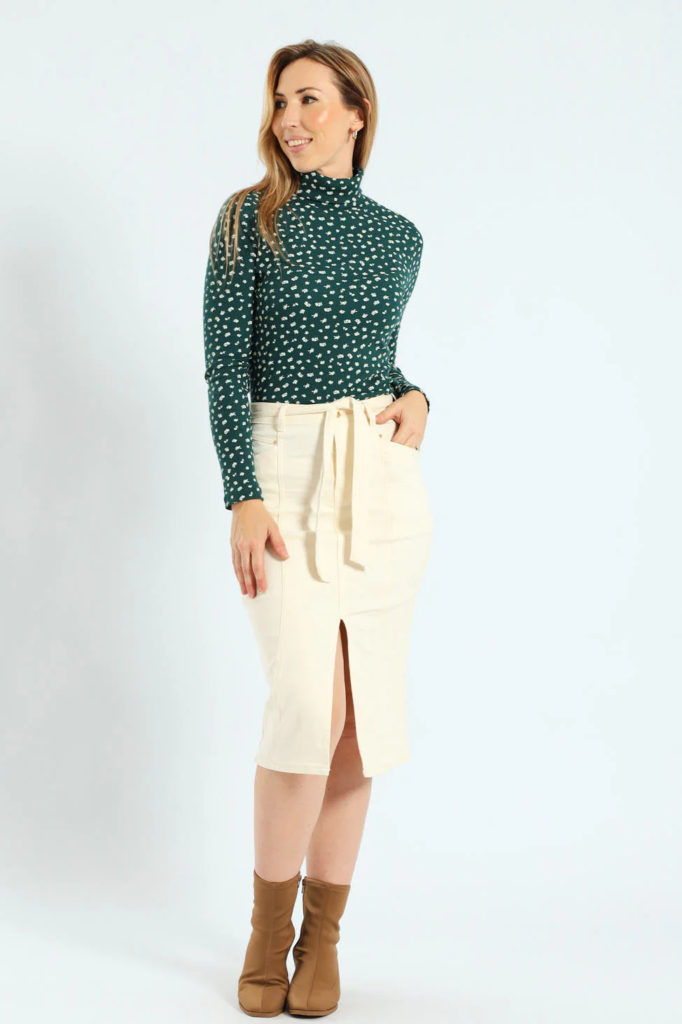 Belted Slit Front Midi Skirt - Ecru - Image 4