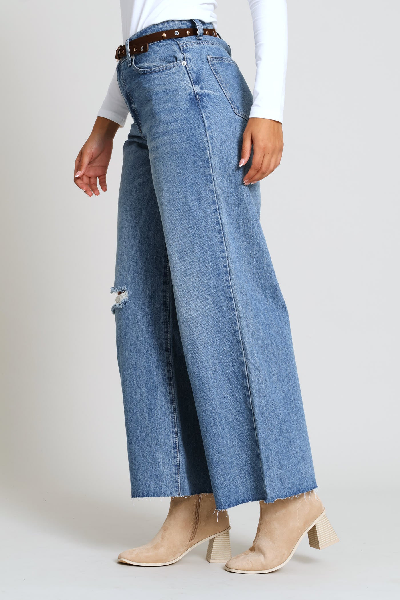 Belted Wide Leg Denim - Salty Mid Wash - Image 4