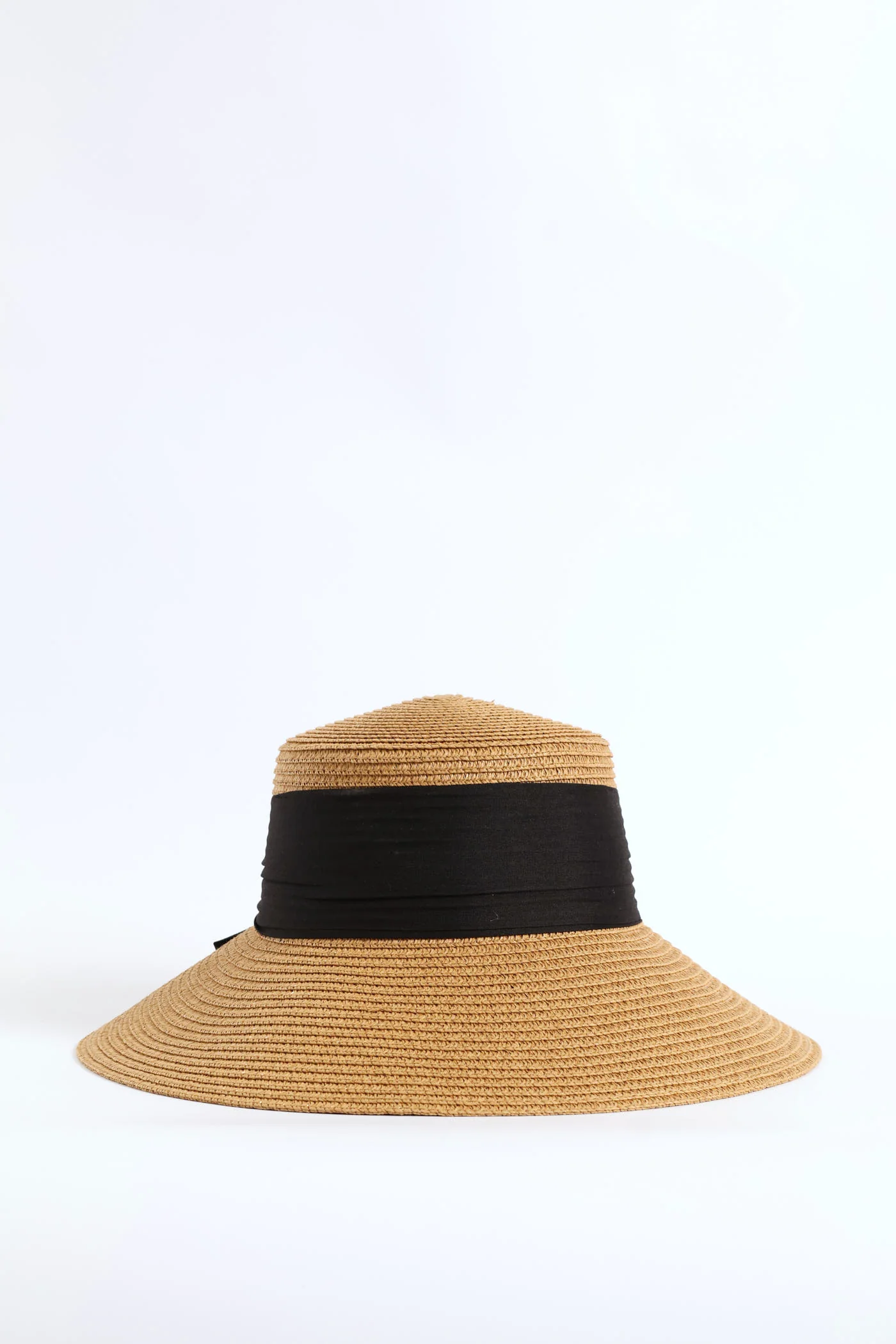 Black Bow Turn Down Straw Hat - Tan