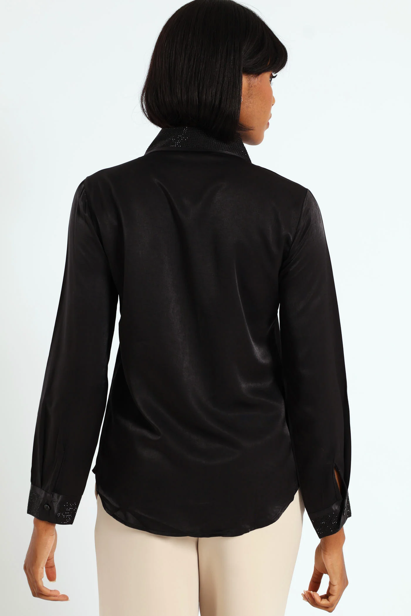 Blinged Satin Shirt - Black - Image 3