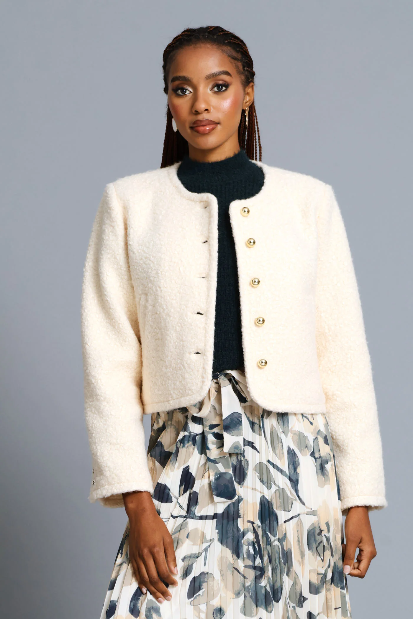 Boucle Button Through Coat - Cream - Image 10