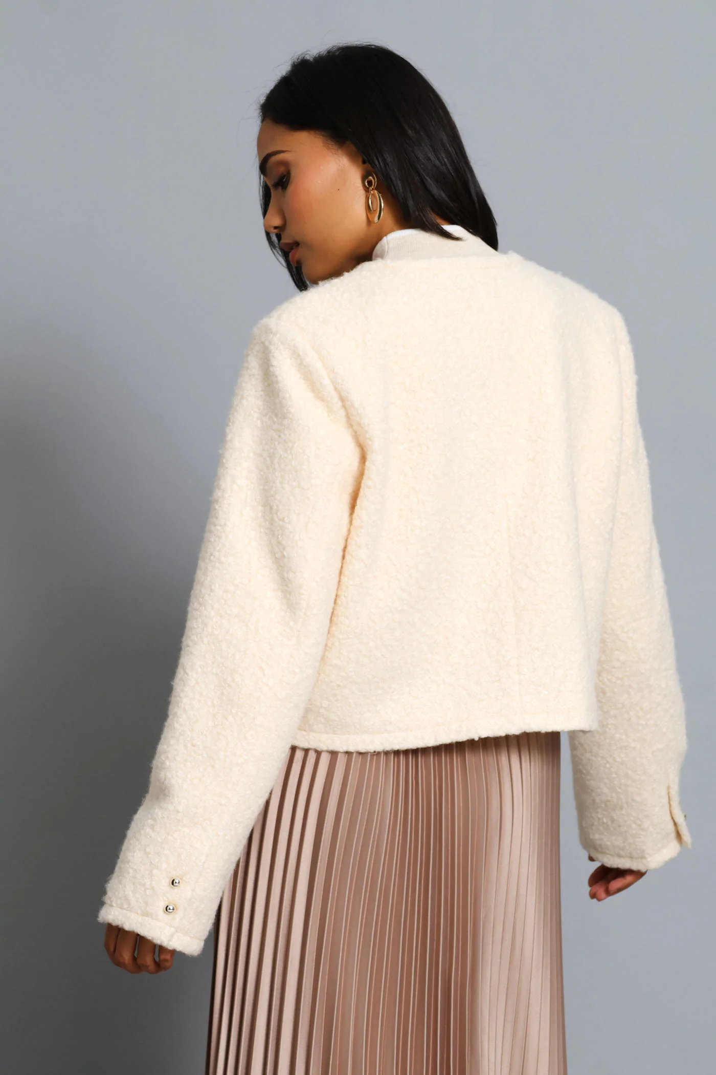 Boucle Button Through Coat - Cream - Image 5
