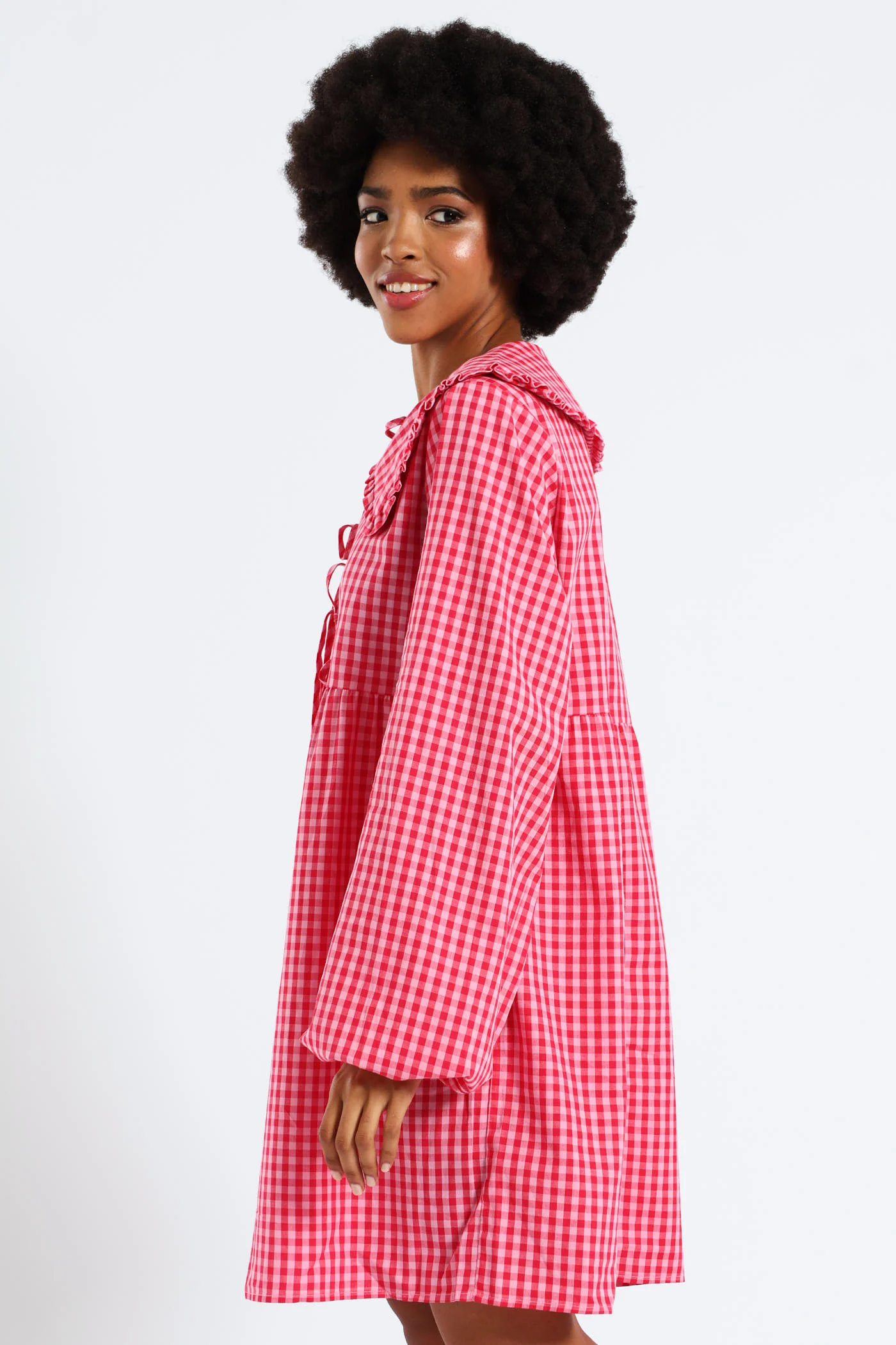 Bow & Collar Gingham Mini Dress - Red - Image 8