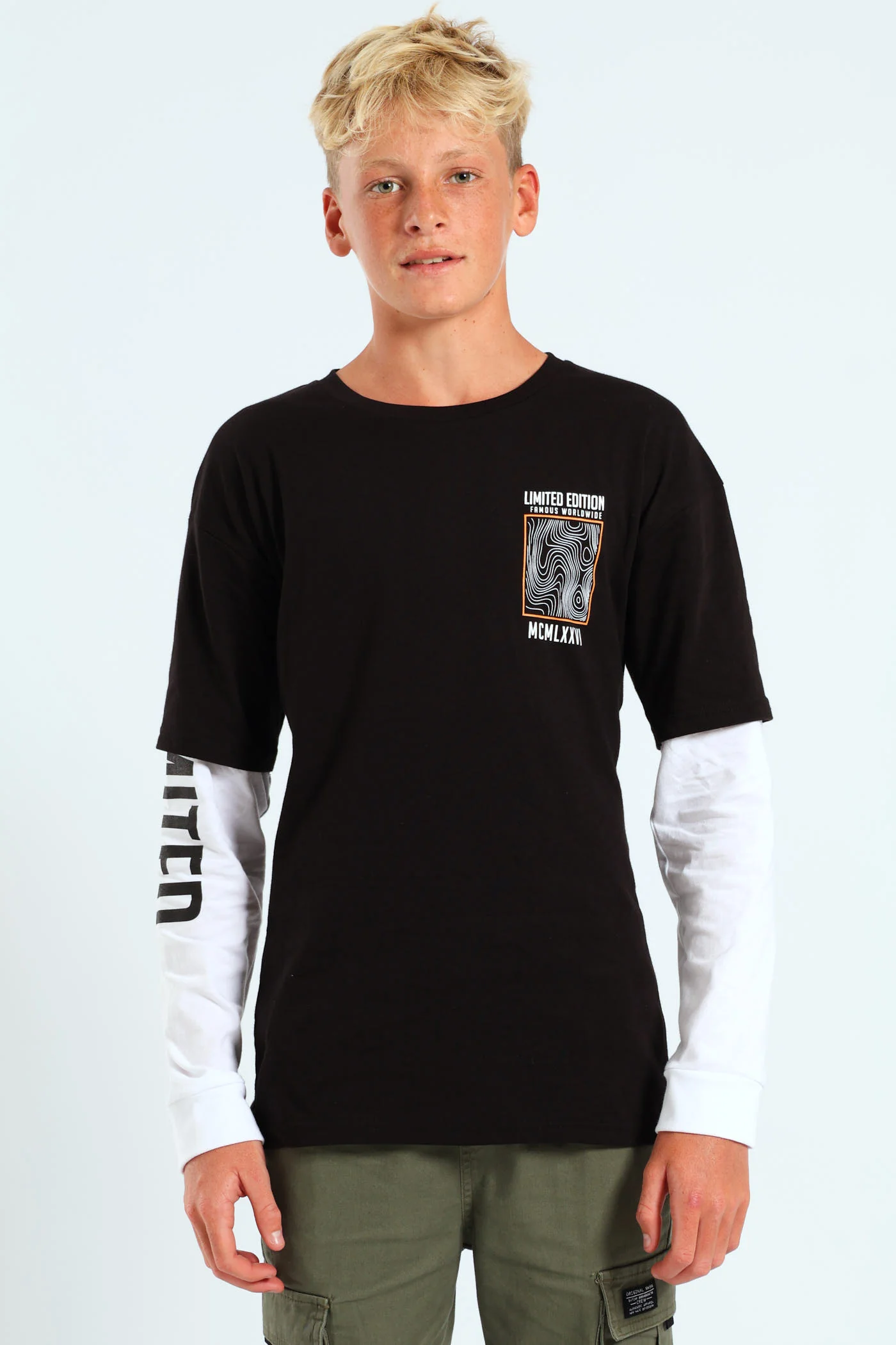 Boys Twofer Front & Back Tee - Black/White