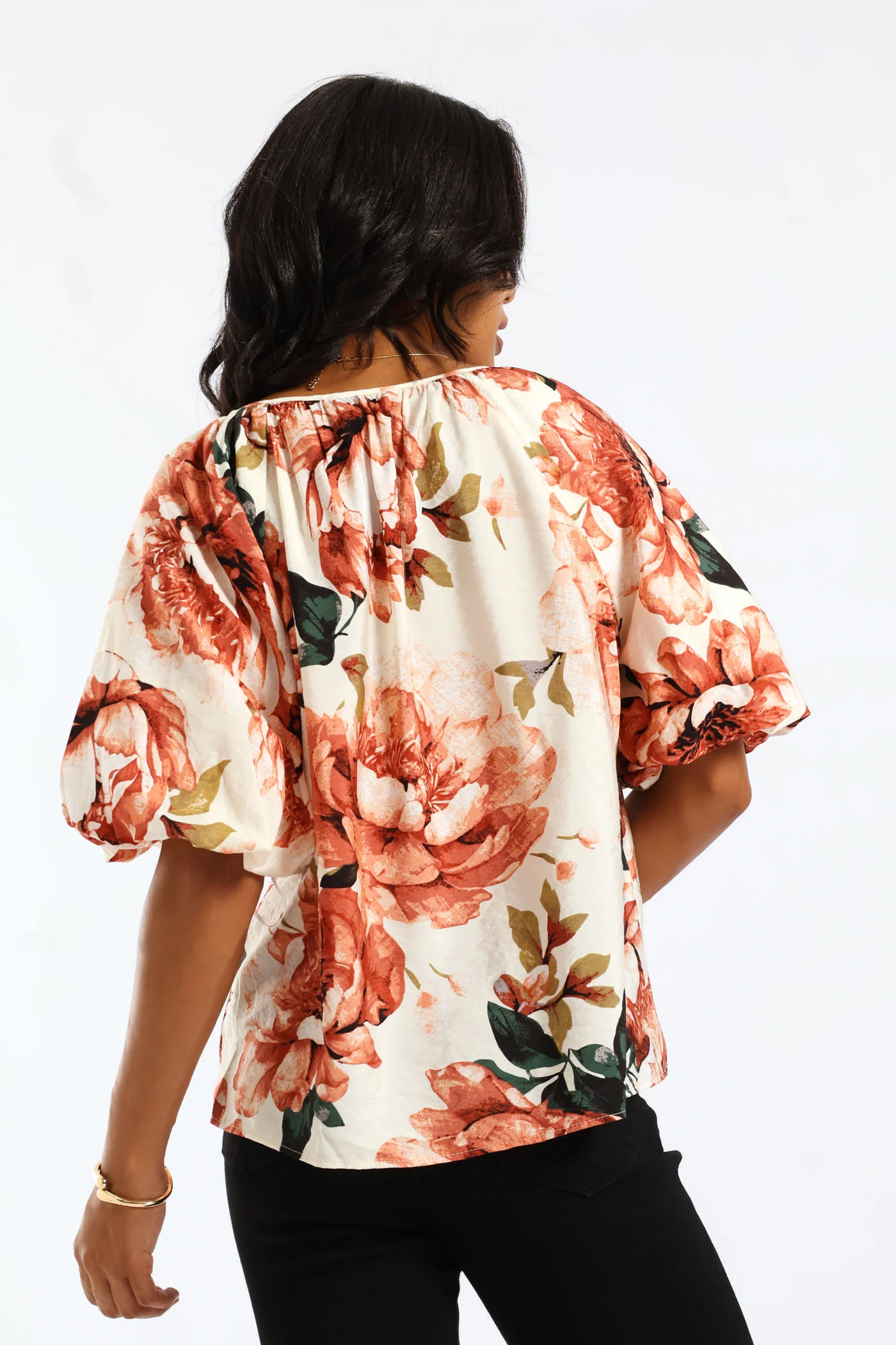 Bubble Raglan Sleeve Notch Neck Print Blouse - Blush - Image 2