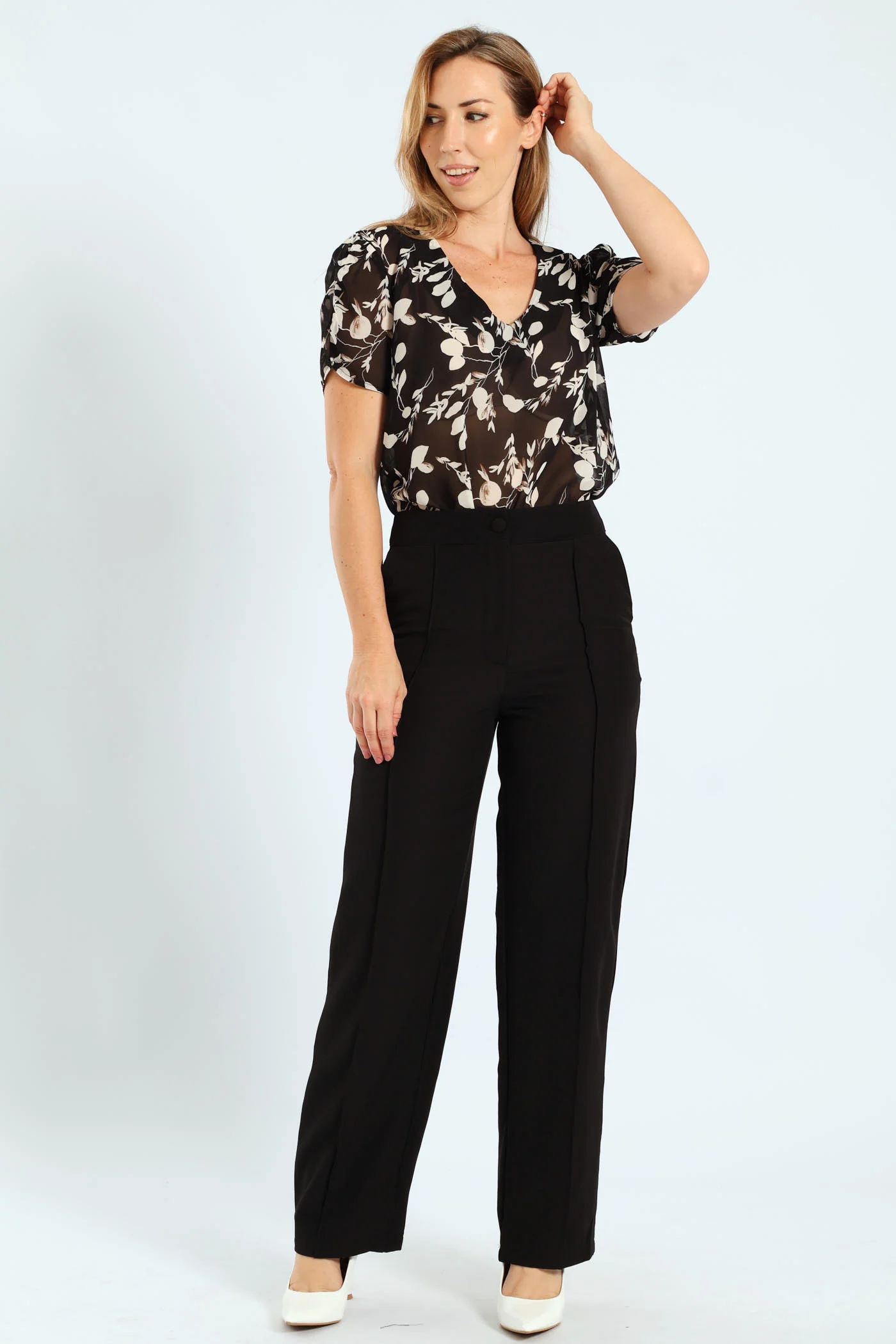 Button Sleeve Monochrome Blouse - Black/Cream - Image 5