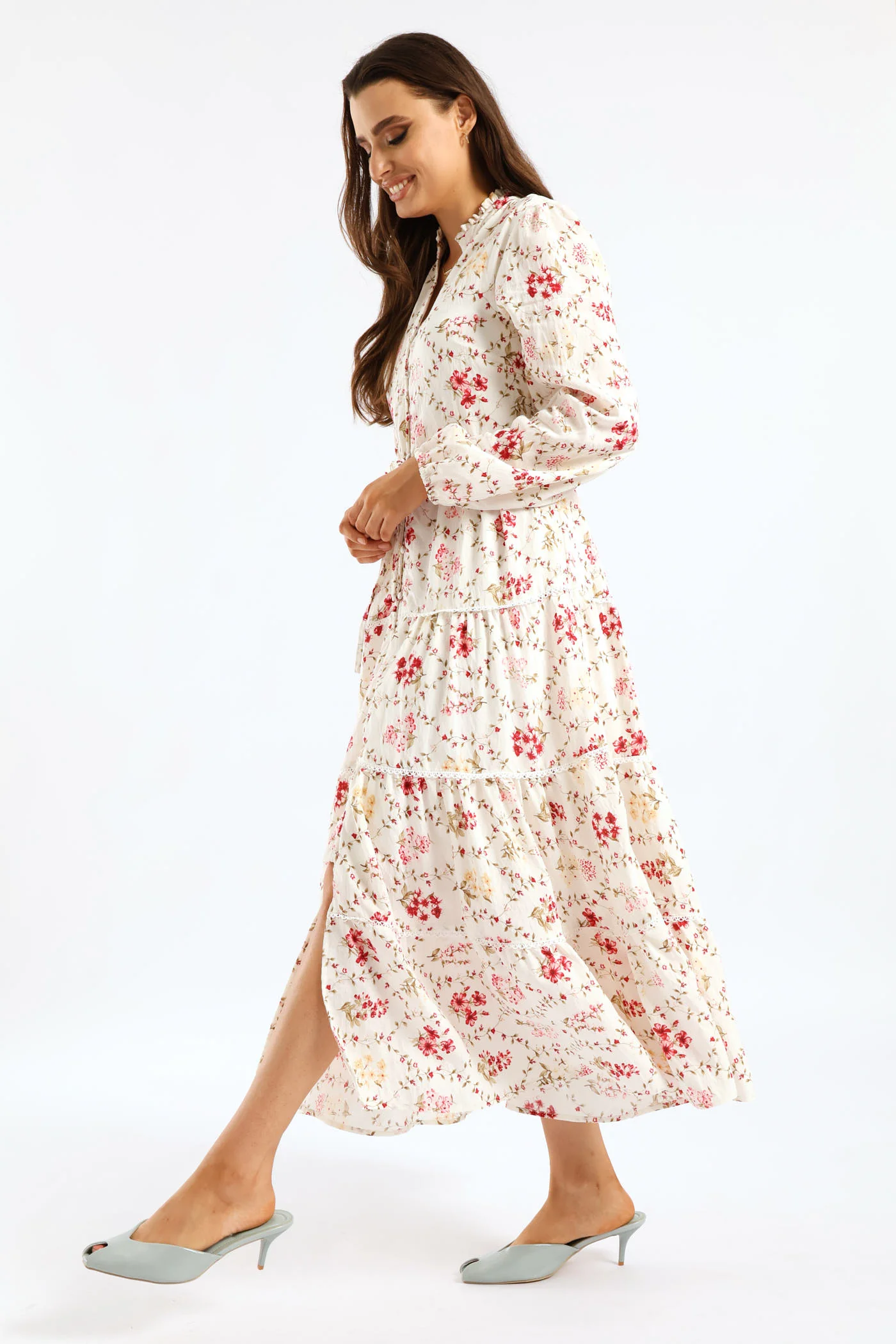 Button Through Belted Floral Maxi Dress - Cream - Image 2
