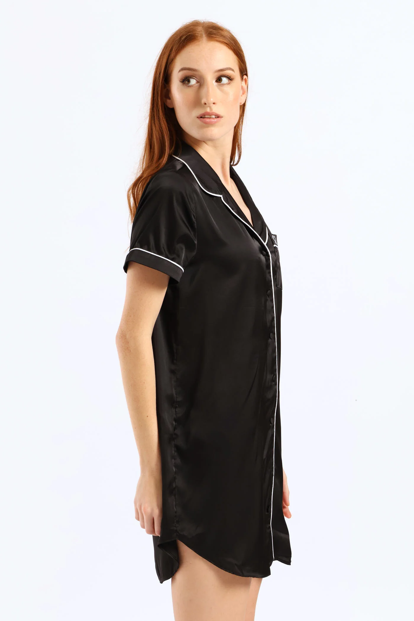 Button Through Satin Sleepshirt - Black - Image 2