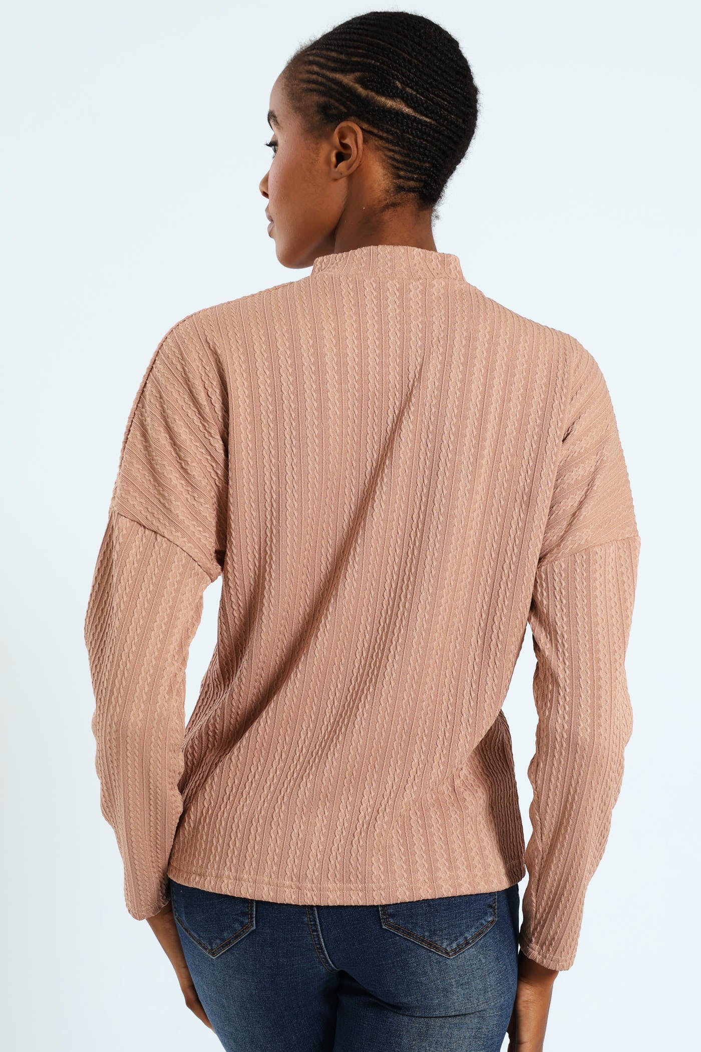 Cable Design Turtleneck Tee - Brown - Image 4