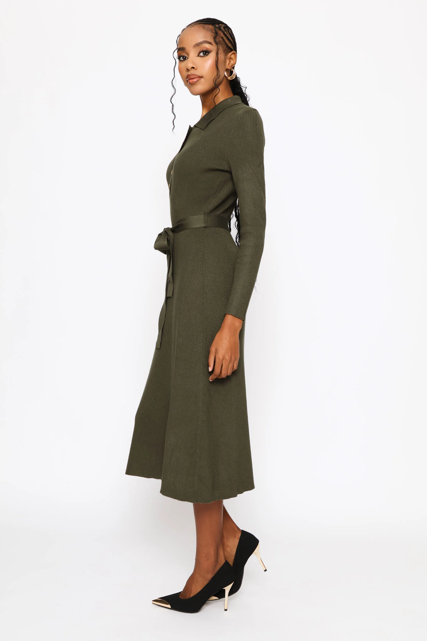 Collar Self Belt Knitwear Midi Dress - Dark Fatigue - Image 5