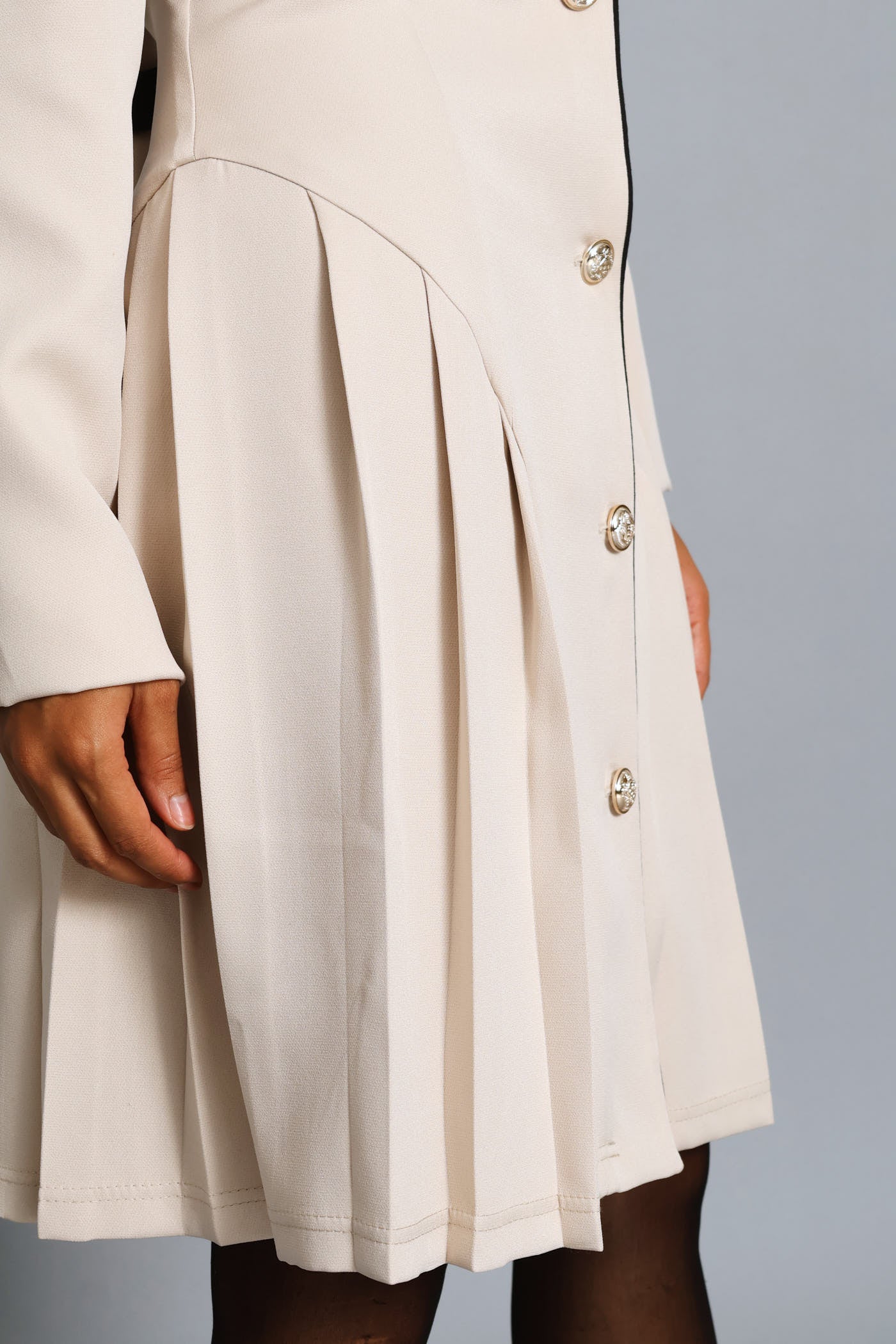 Collared Button Thru Pleated Dress - Cream - Image 6