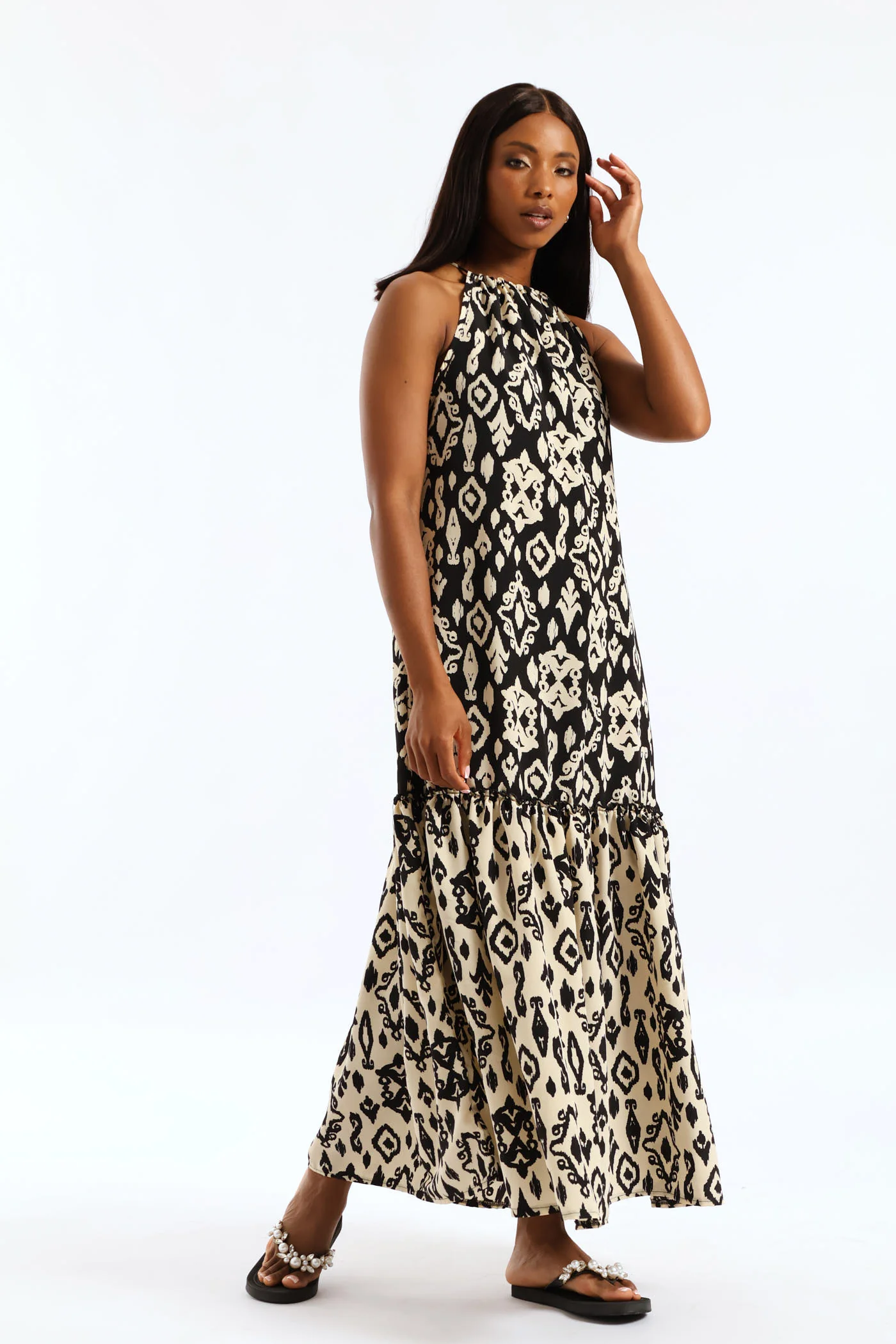 Contrast Frill Hineck Halter Maxi Dress - Black/Beige - Image 7