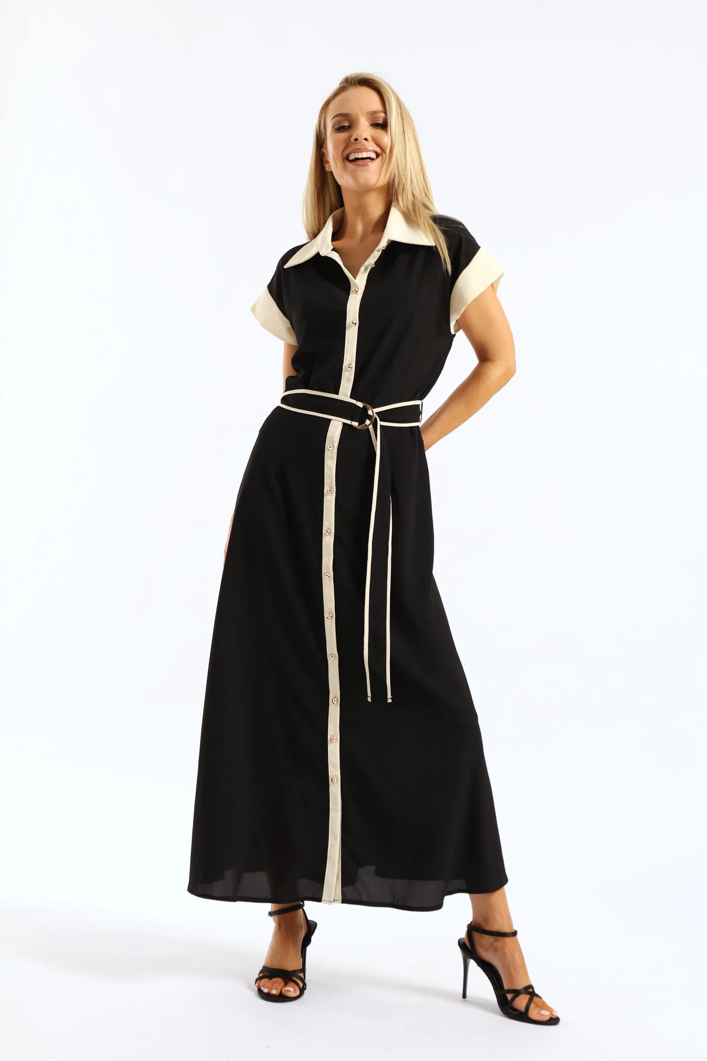 Contrast Shirt Maxi Dress - Black/Cream