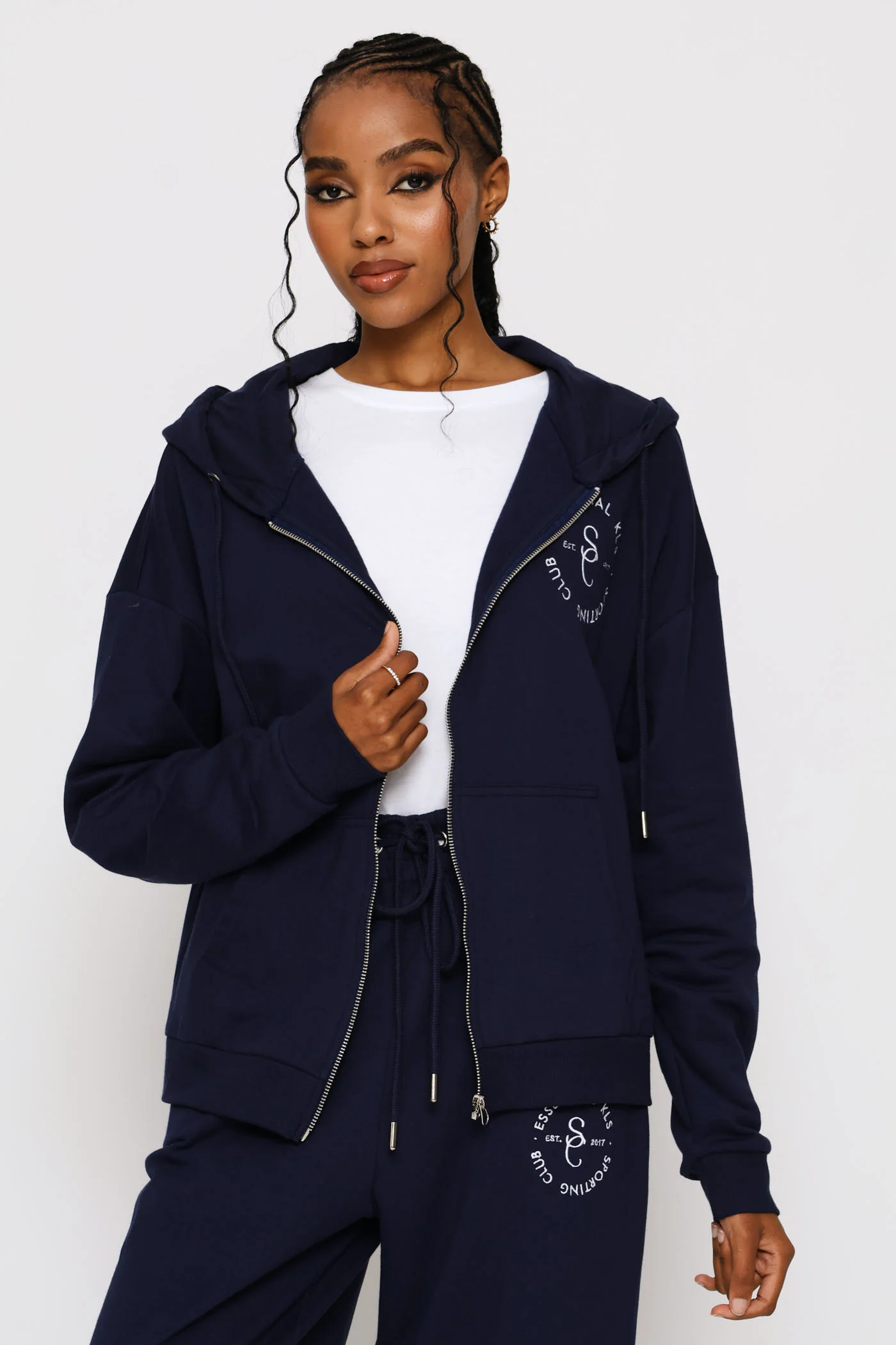 Cotton Zip Through Emblem Hoody - French Navy - Image 3