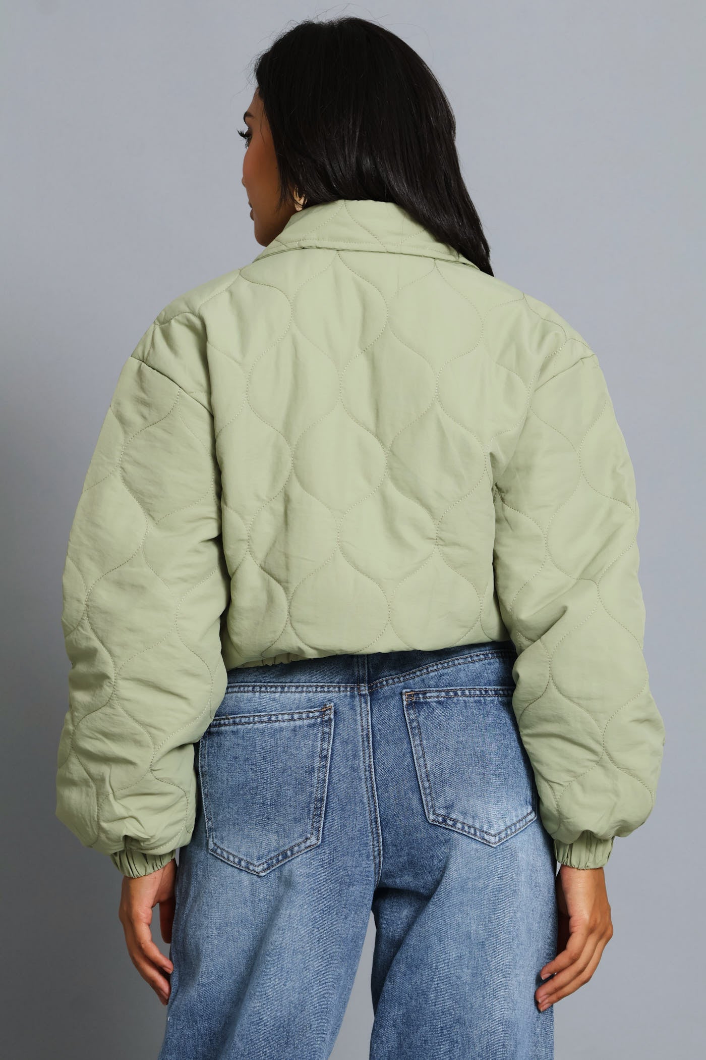 Crop Quilted Padded Bomber Jacket - Sage - Image 5