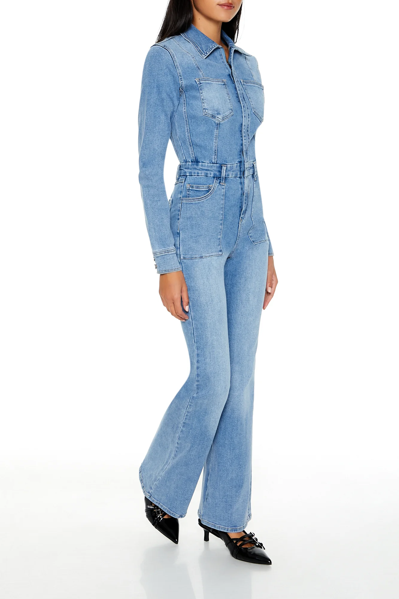 Denim Bootcut Zip-Up Jumpsuit - Mid Blue - Image 3