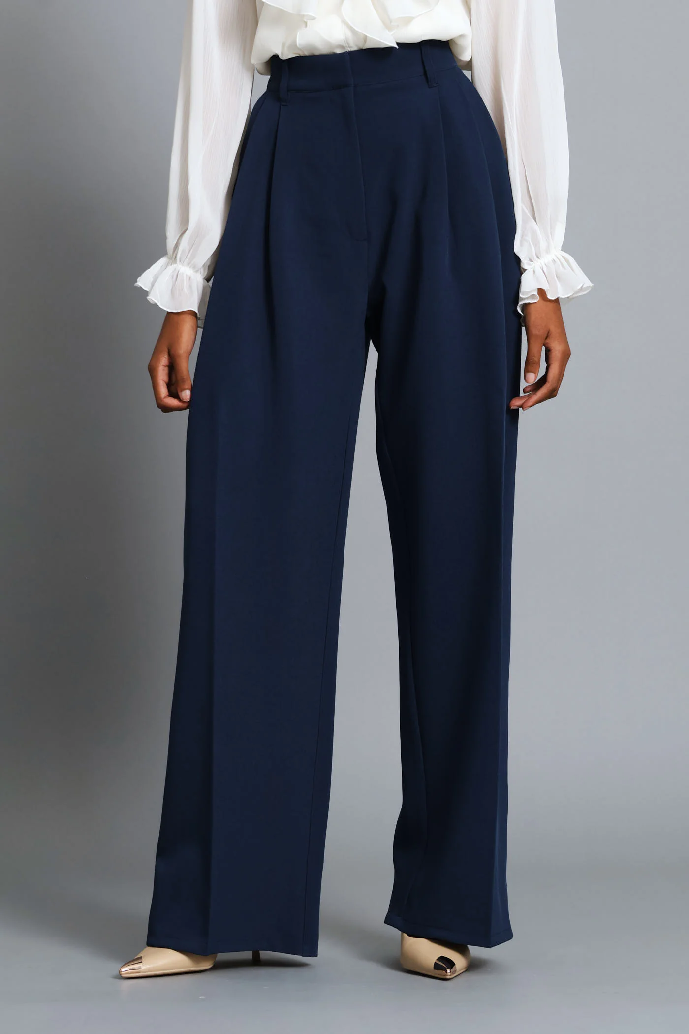 Double Pleat Wide Leg Pant - Dark Navy - Image 3