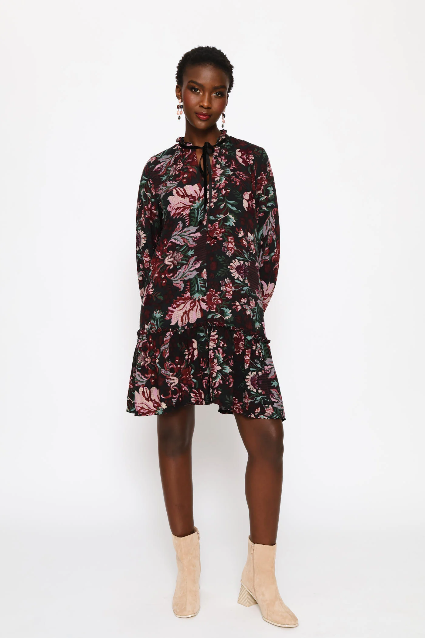 Drop Waist Frill Hem Mini Dress - Black