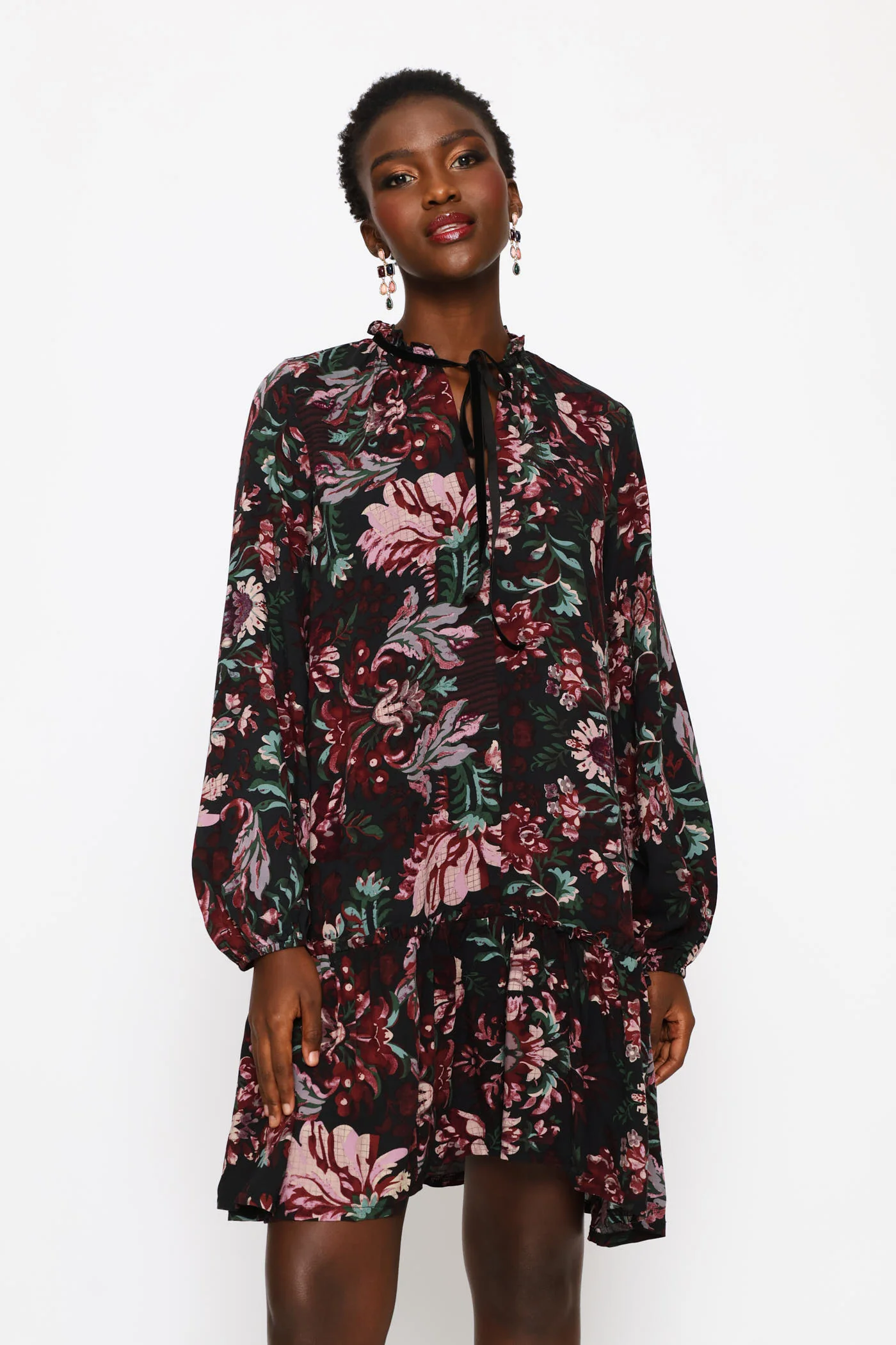 Drop Waist Frill Hem Mini Dress - Black - Image 2