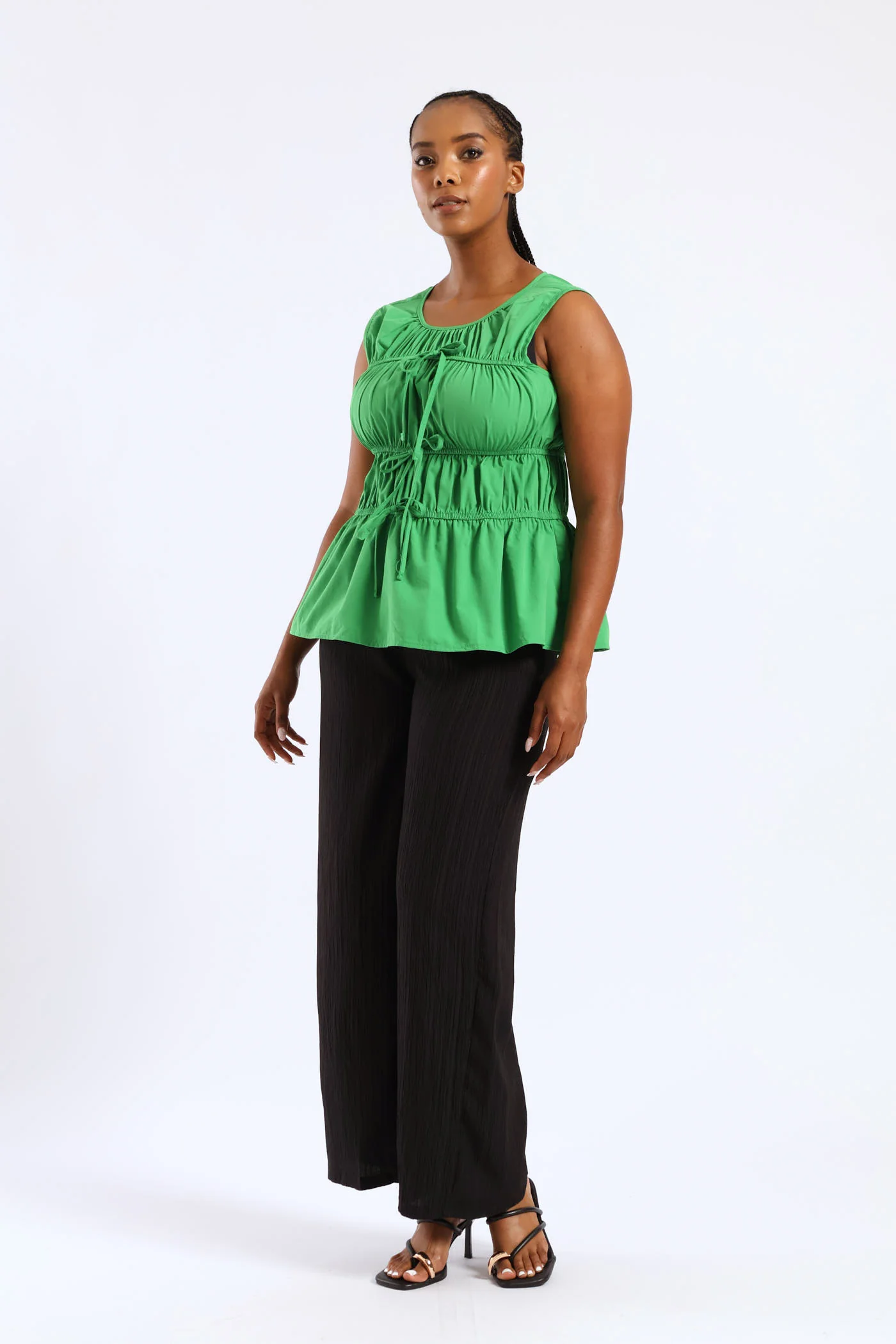 Elasticated Tiered Flare Bow Detail Top - Green - Image 2