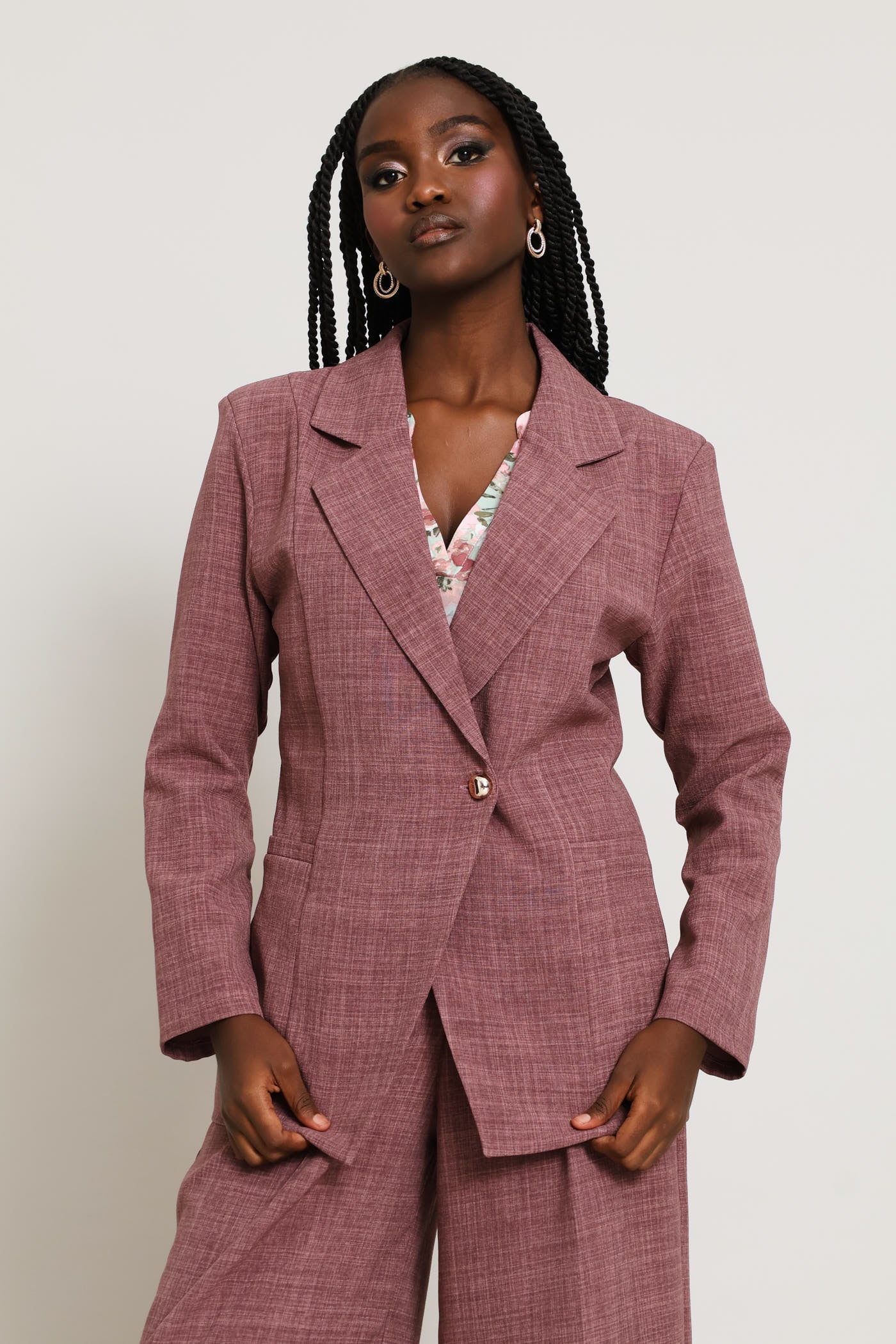 Fancy Button Side Linen Blend Blazer - Mauve