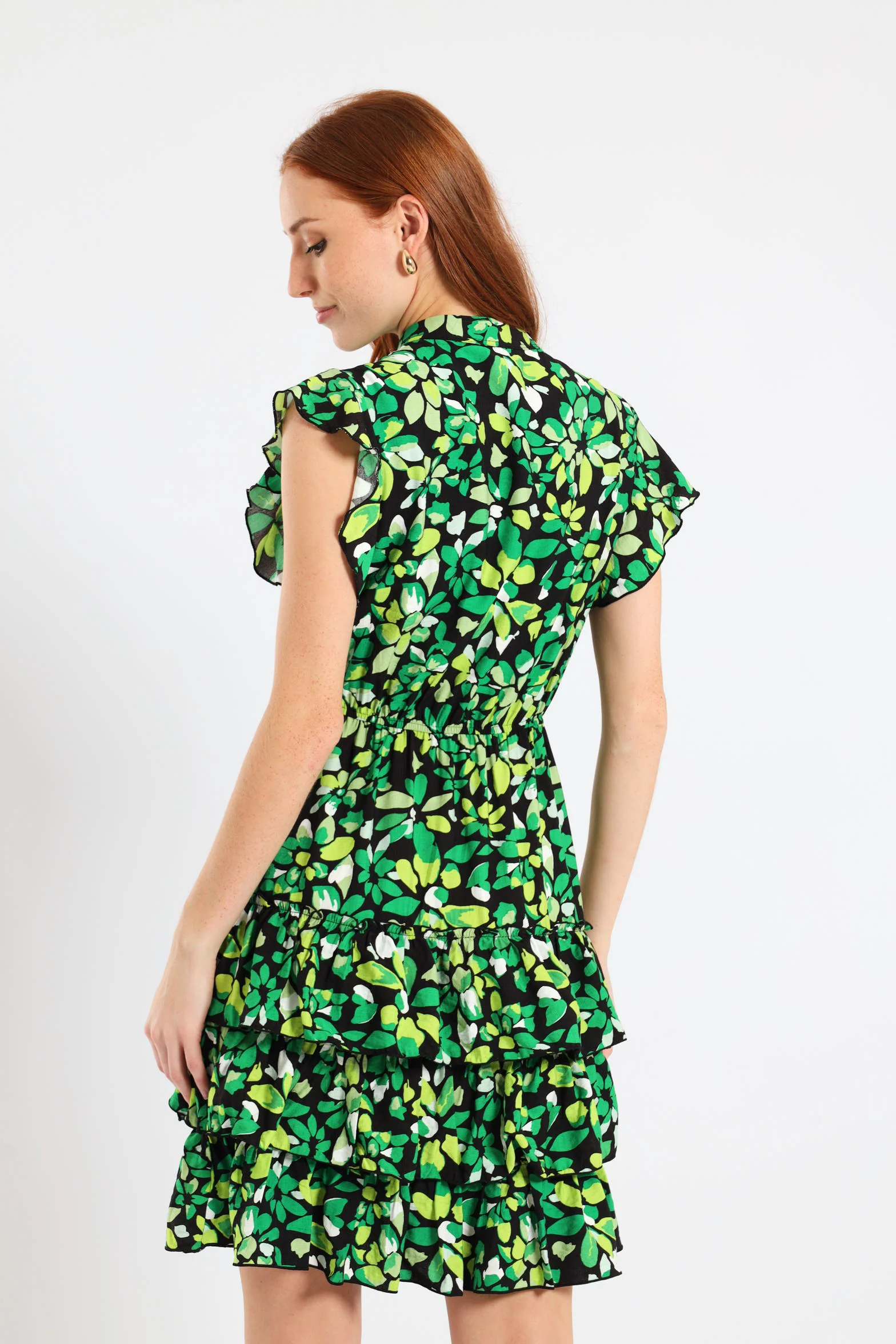Frilly Waisted Leaf Print Mini Dress - Multi - Image 4