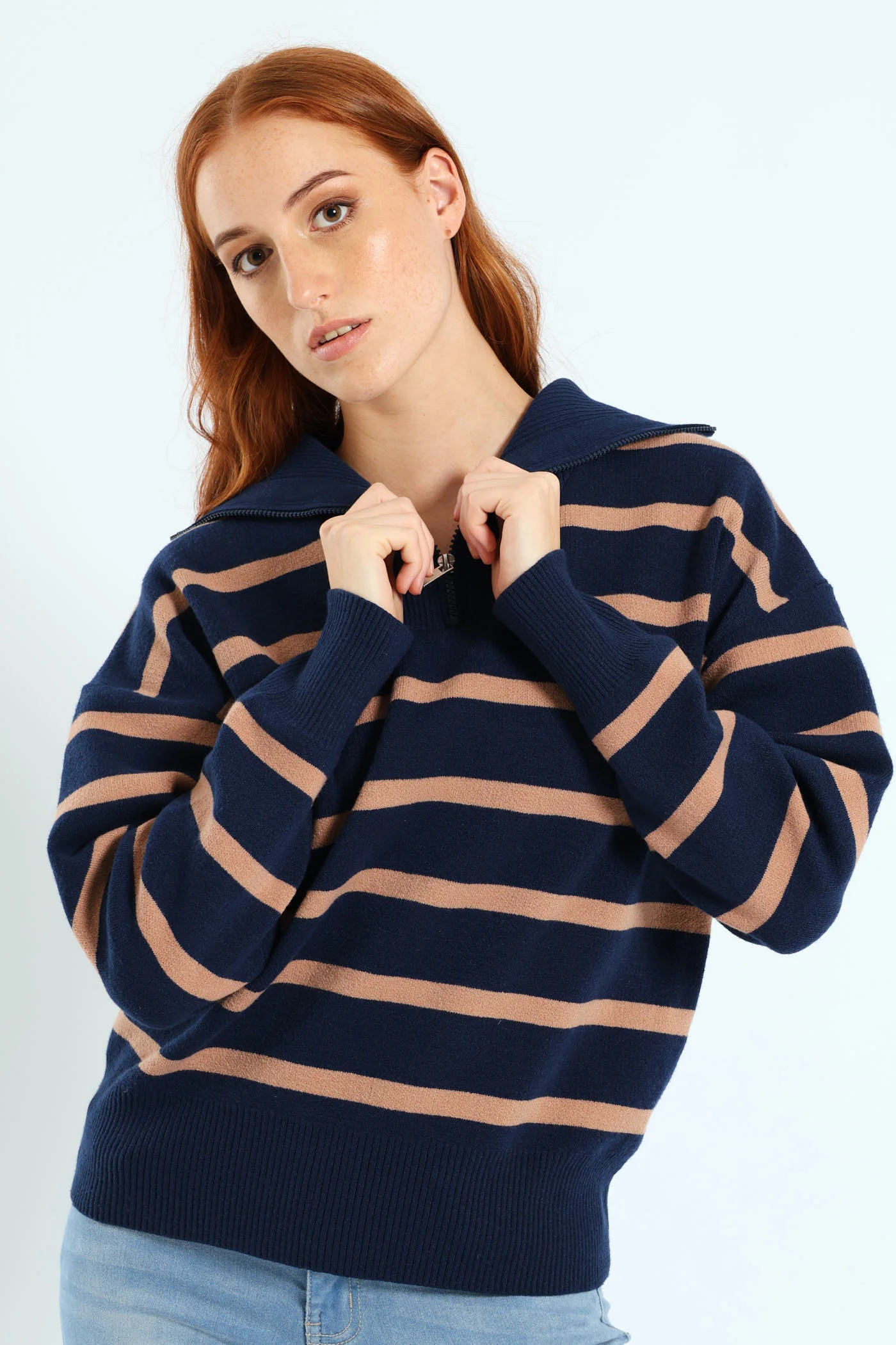 Funnel Neck Pullover With Zip - Navy/Brown