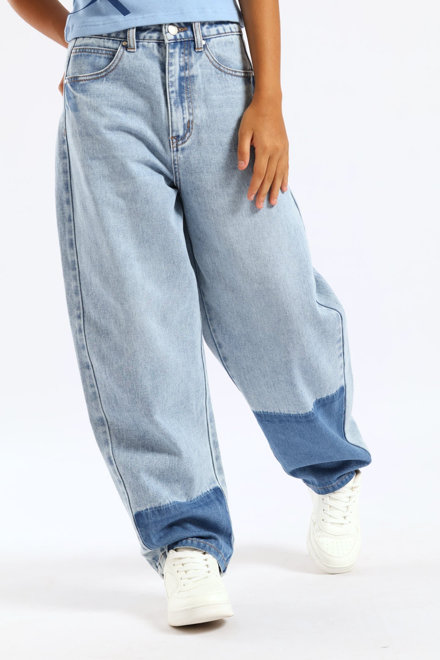 Girls Patch Colour Barrel Style Denim Jeans - Blue - Image 3