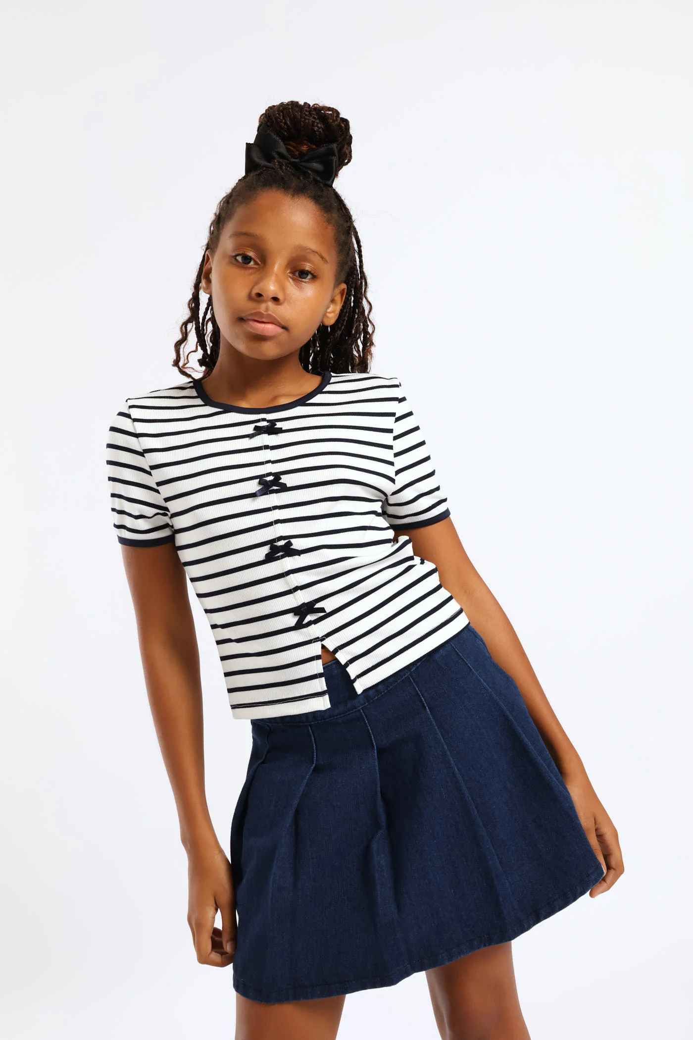 Girls Striped Rib Mock Bow Detail Tee - Multi