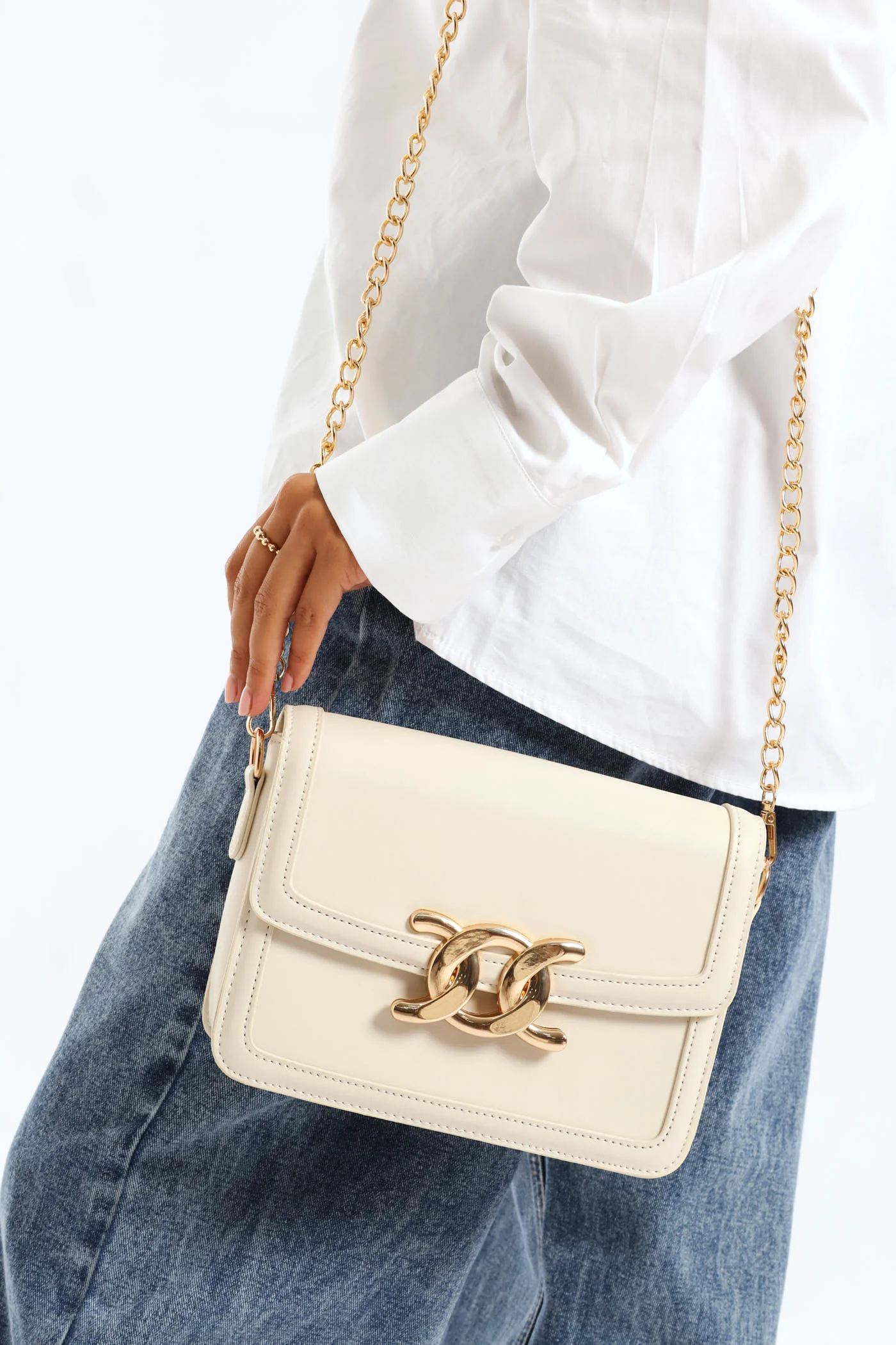 Gold Clasp Satchel - Cream - Image 4