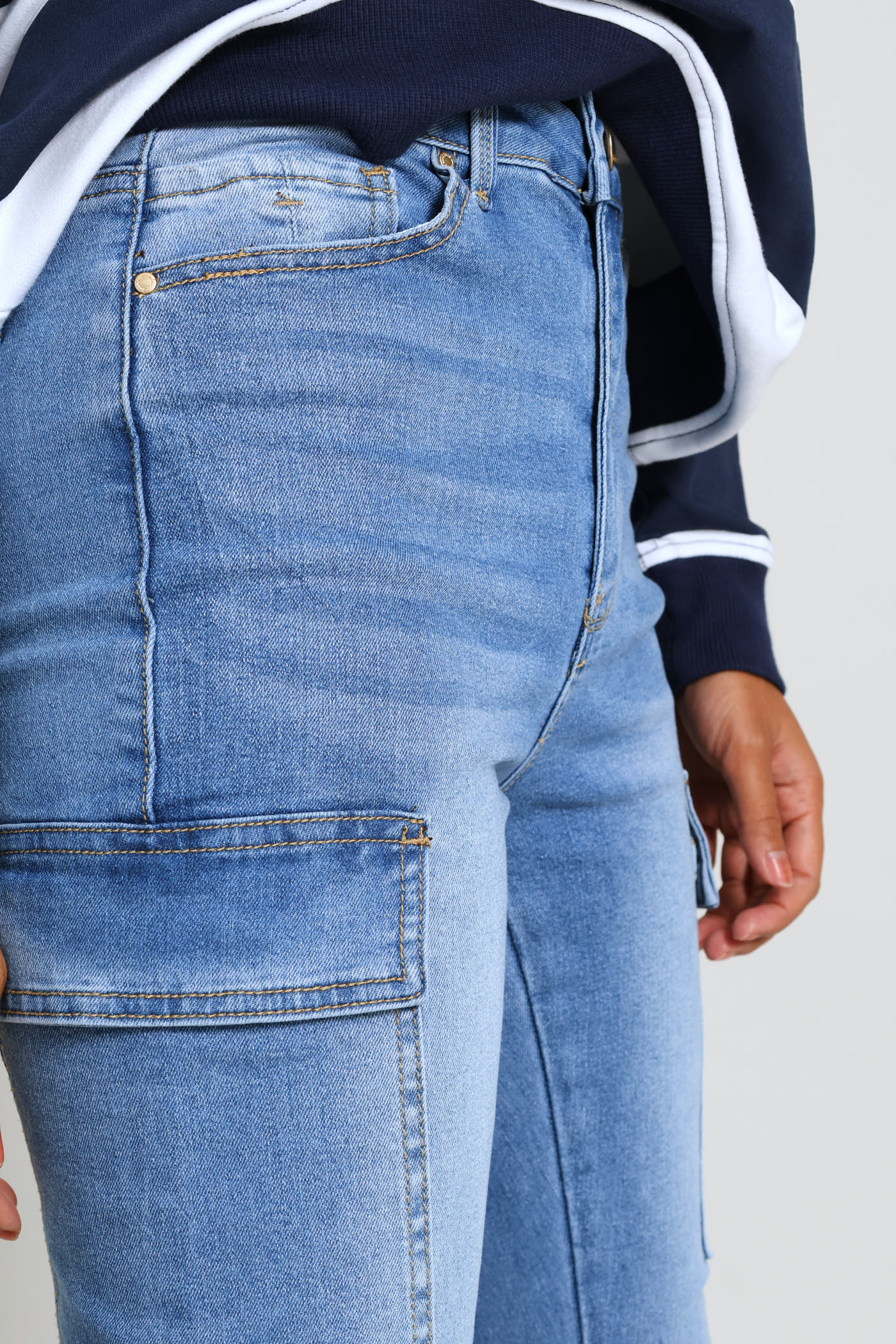 Hi-Rise Cargo Pocket Skinny Denim - Light Wash - Image 4