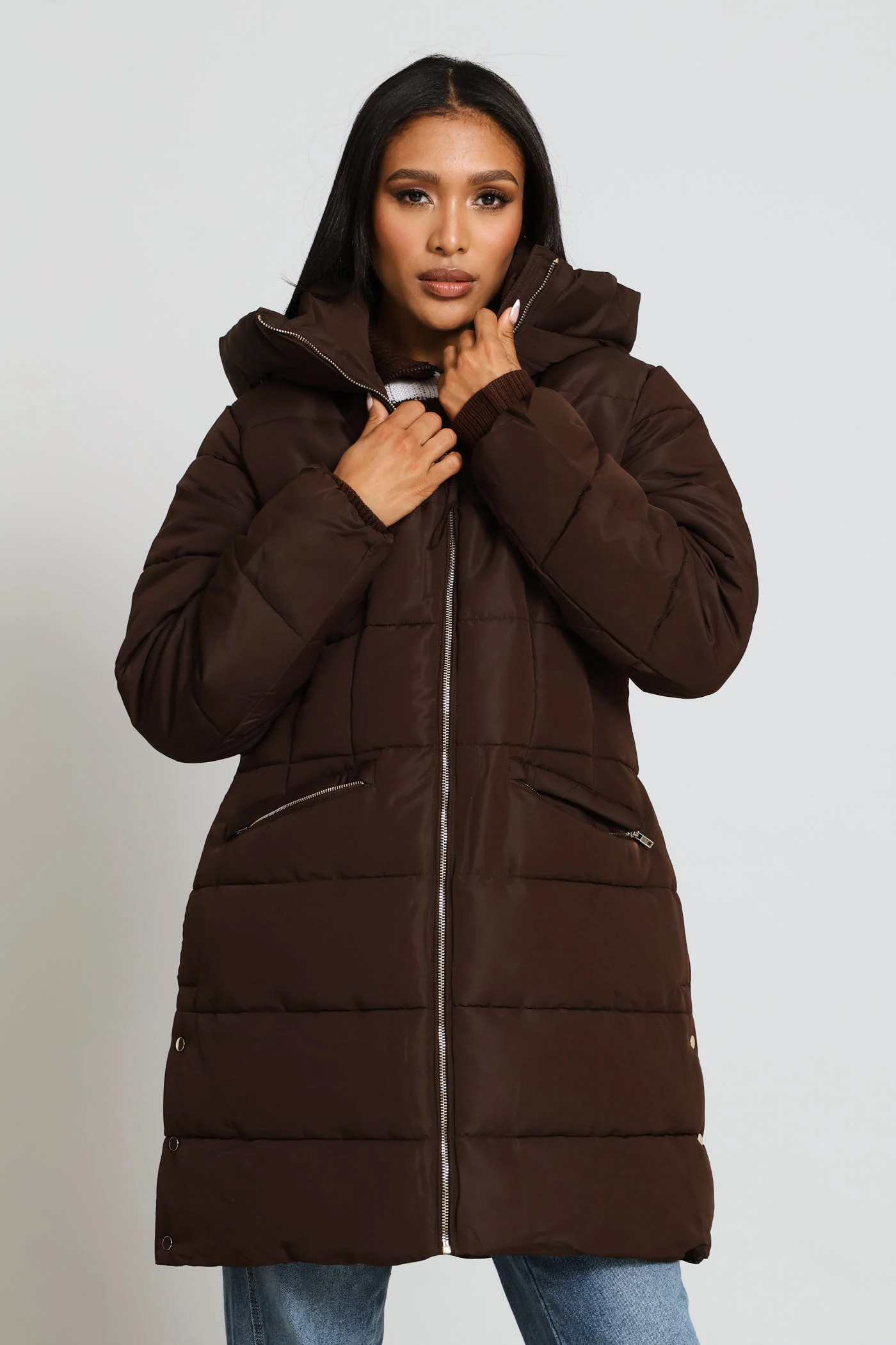 Hooded Long Sleeve Puffer Jacket - Brown - Image 2