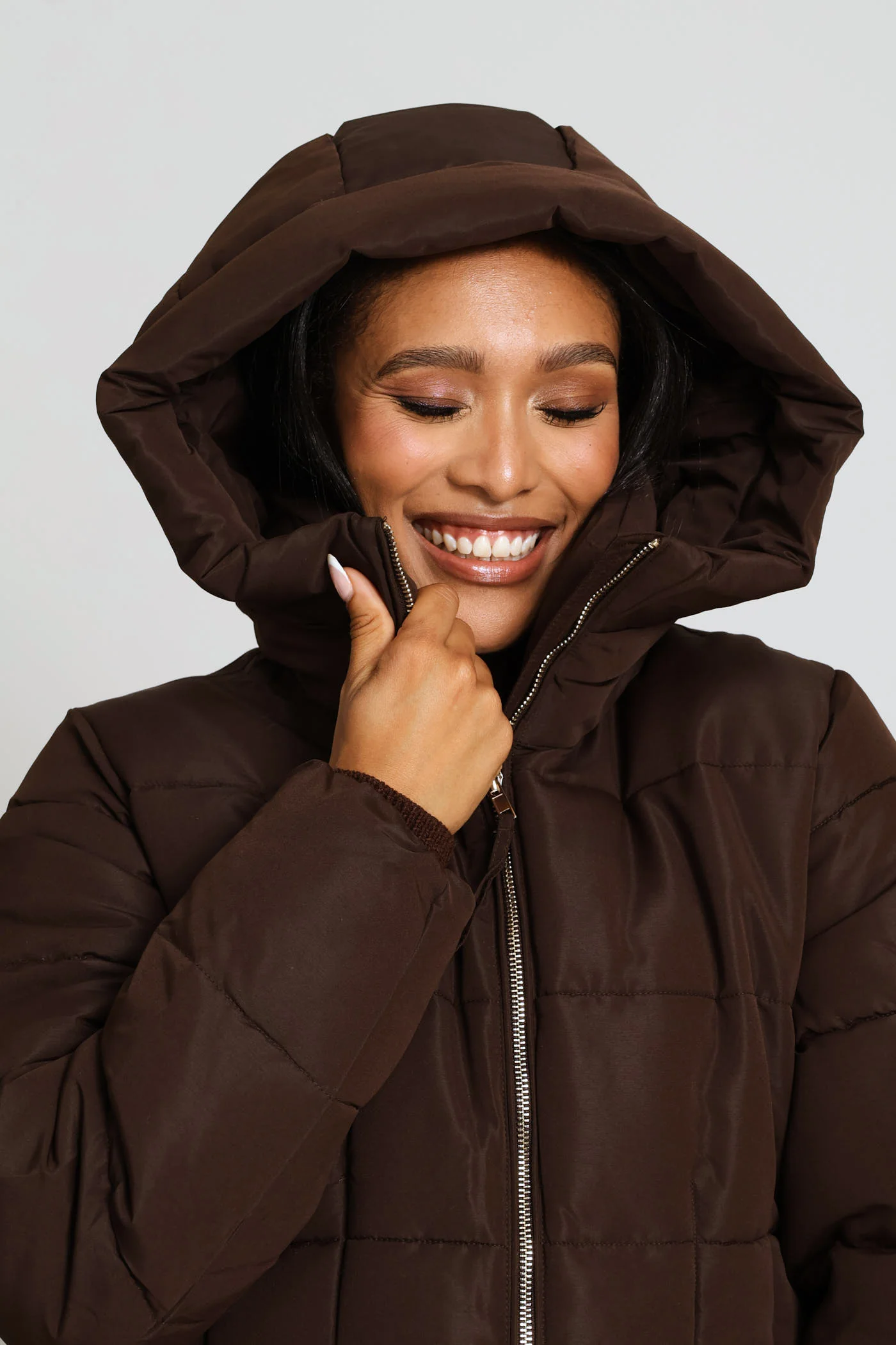 Hooded Long Sleeve Puffer Jacket - Brown - Image 8