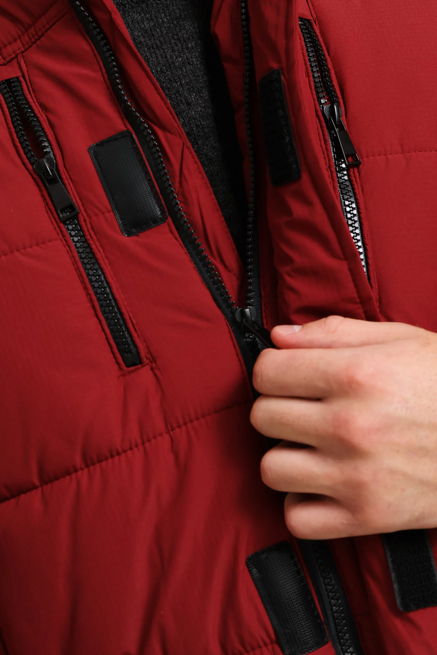 Hooded Zip Pocket Padded Jacket - Dark Red - Image 5