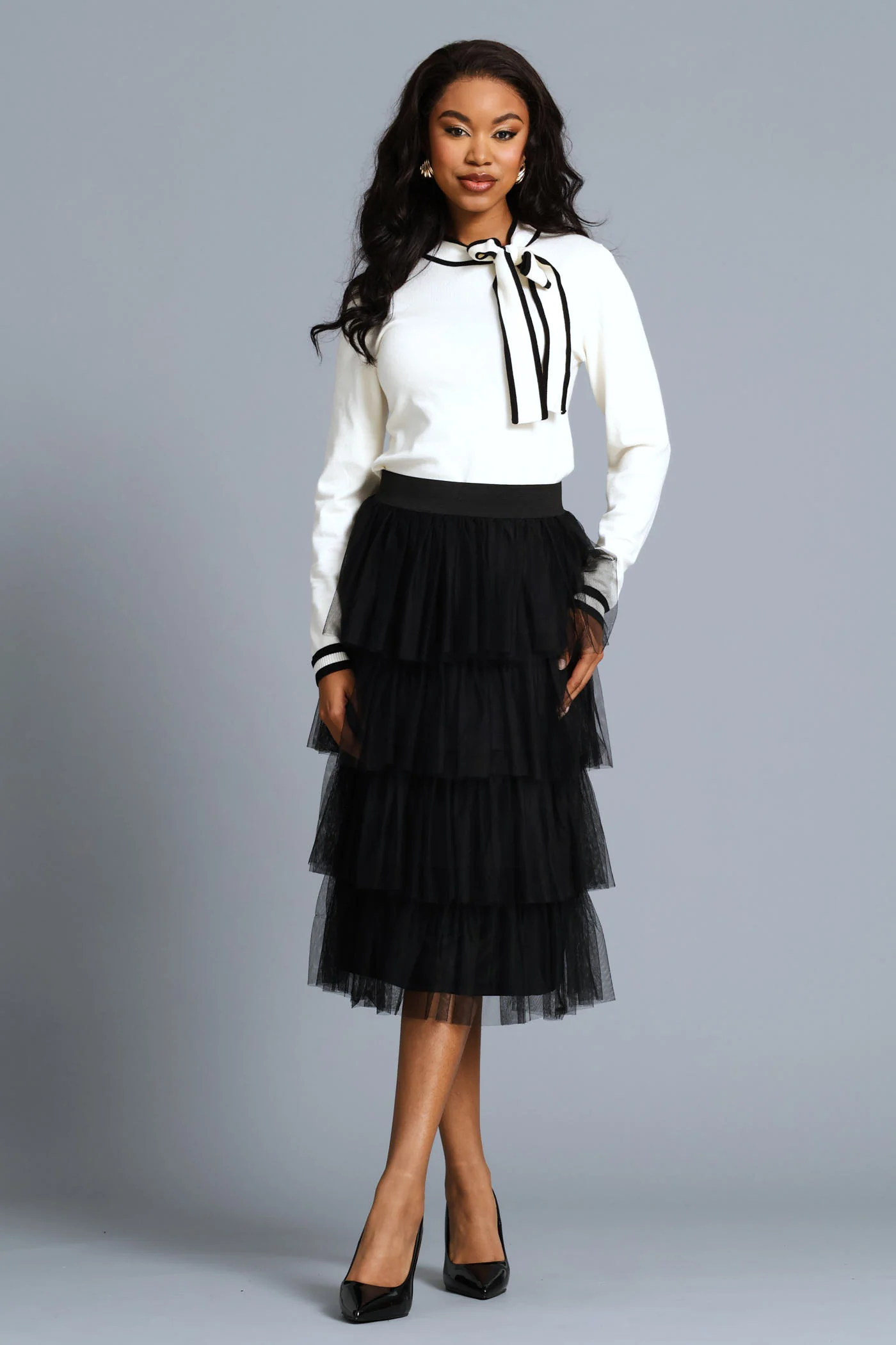 Kitty Bow Long Sleeve Pullover Tee - Cream/Black - Image 7