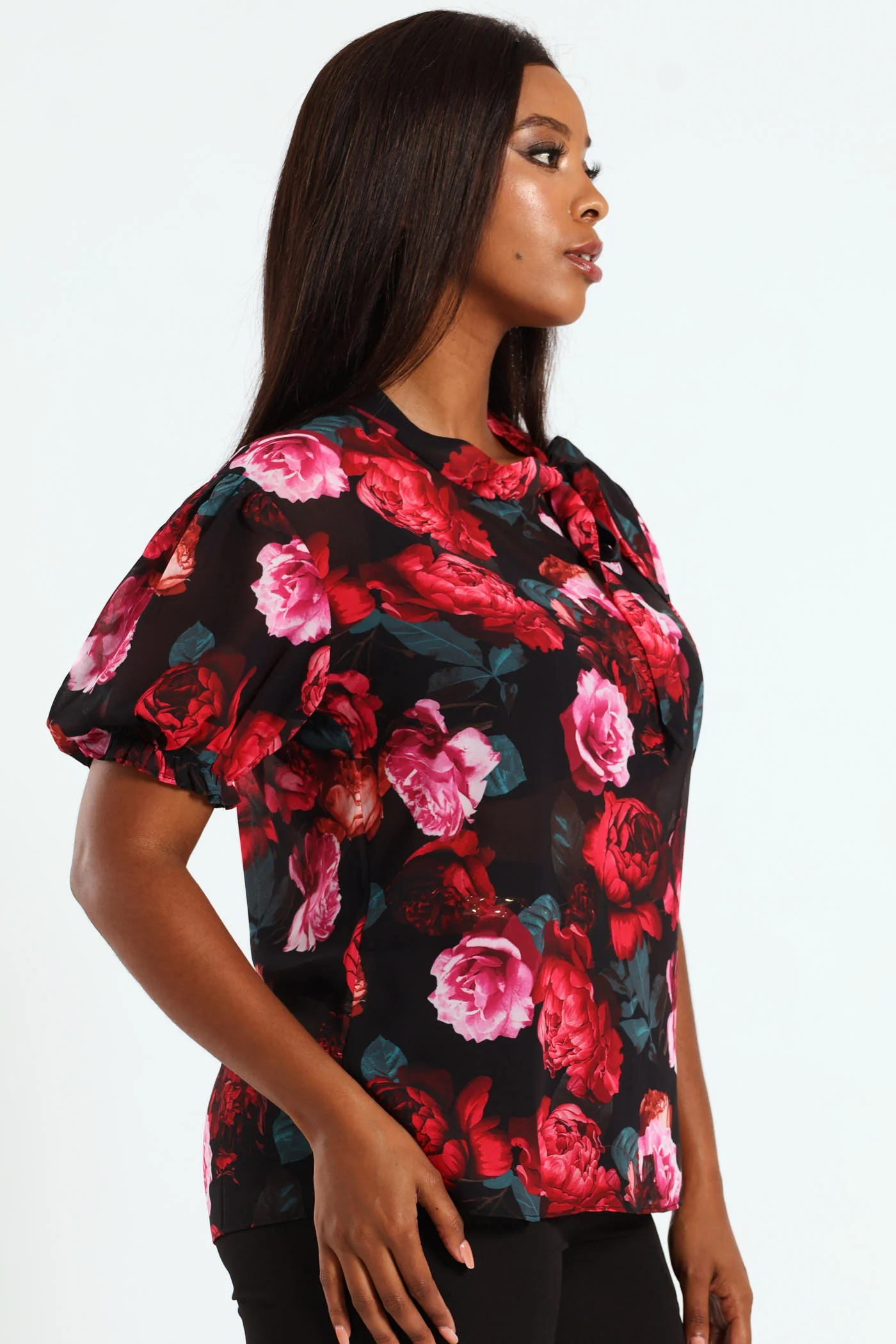 Kitty Bow Puff Sleeve Blouse - Black - Image 5