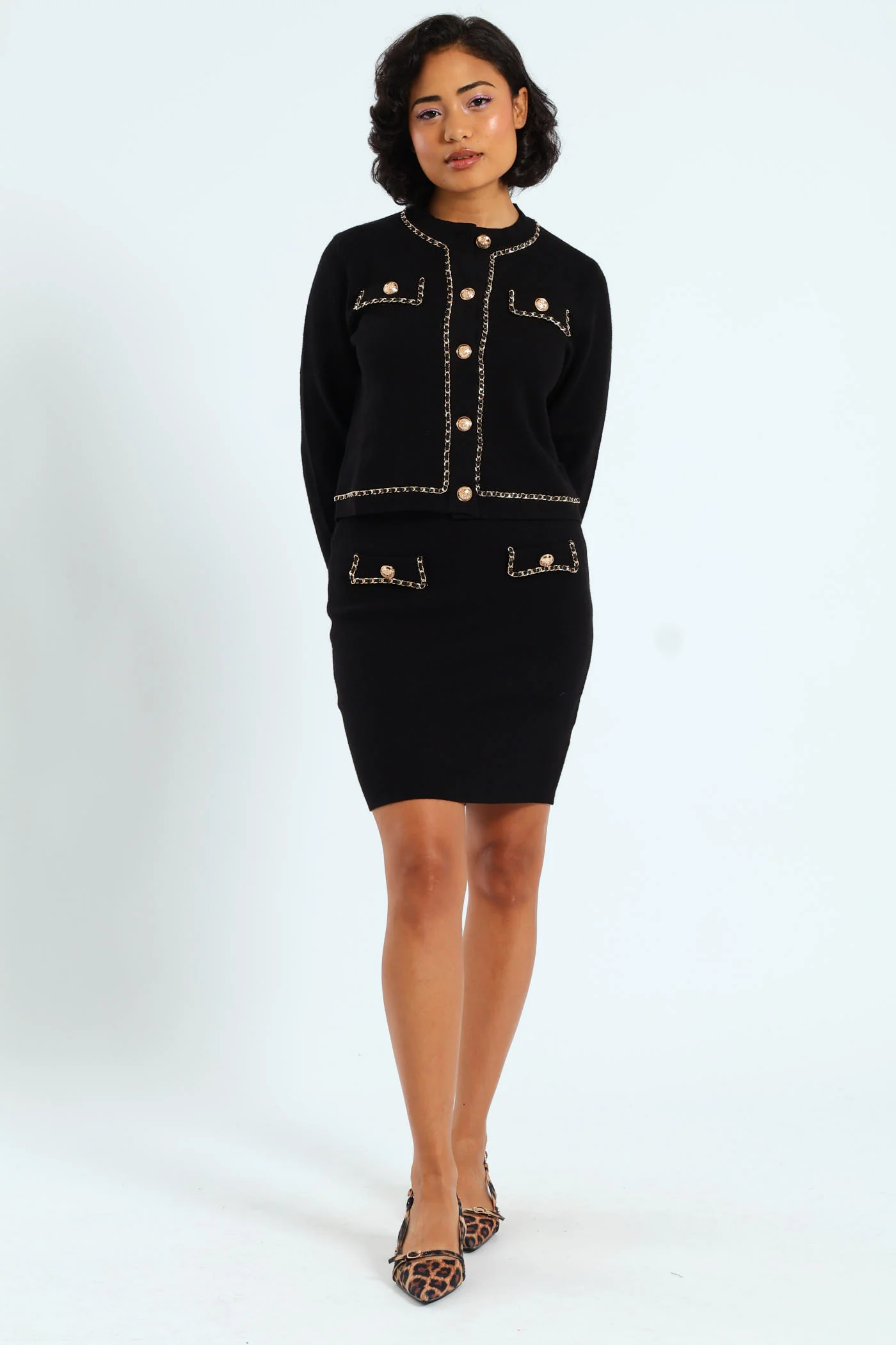 Knit Cardigan With Woven Chain Details - Black - Image 2