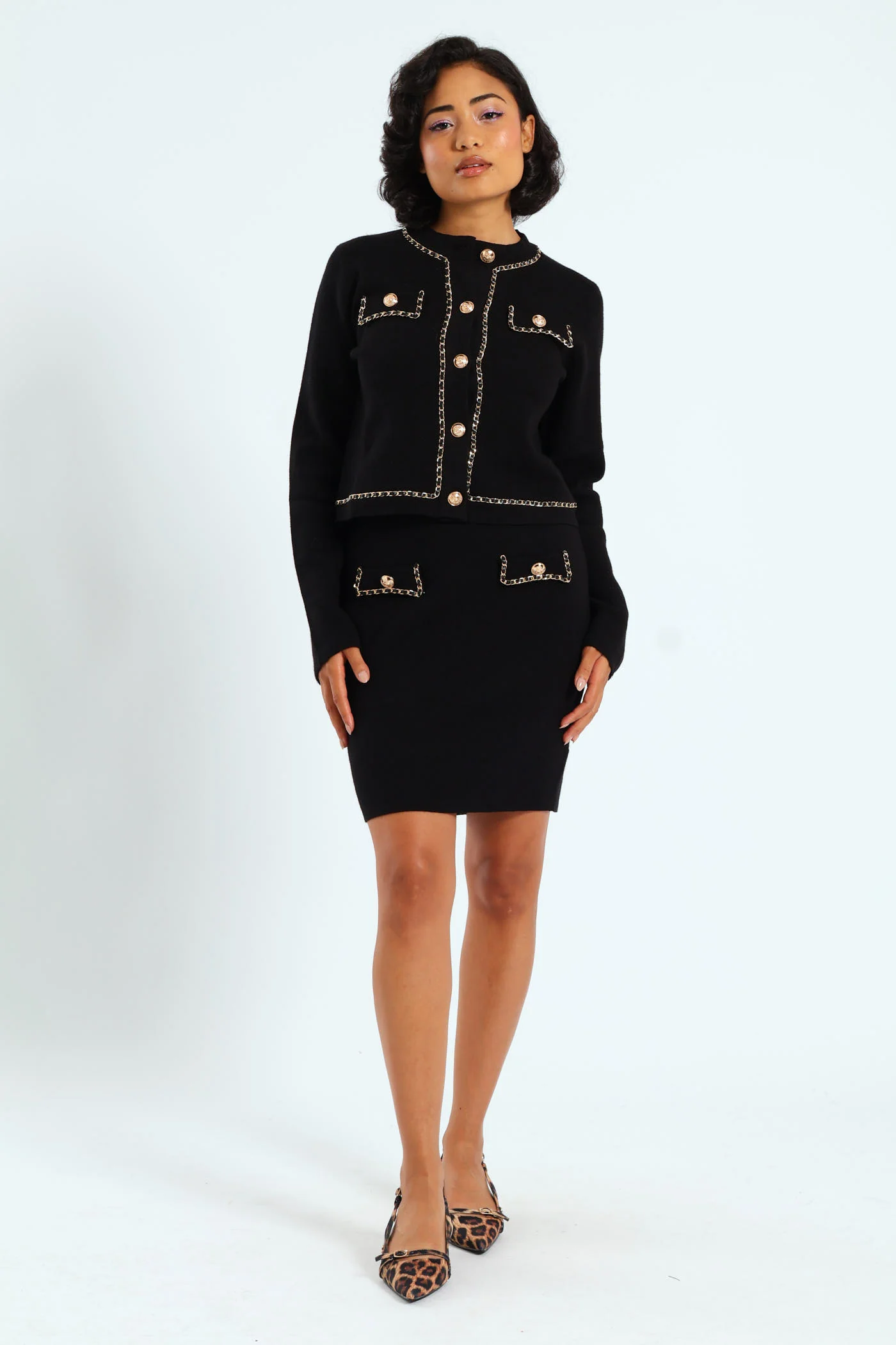 Knit Skirt With Woven Chain Details - Black - Image 2