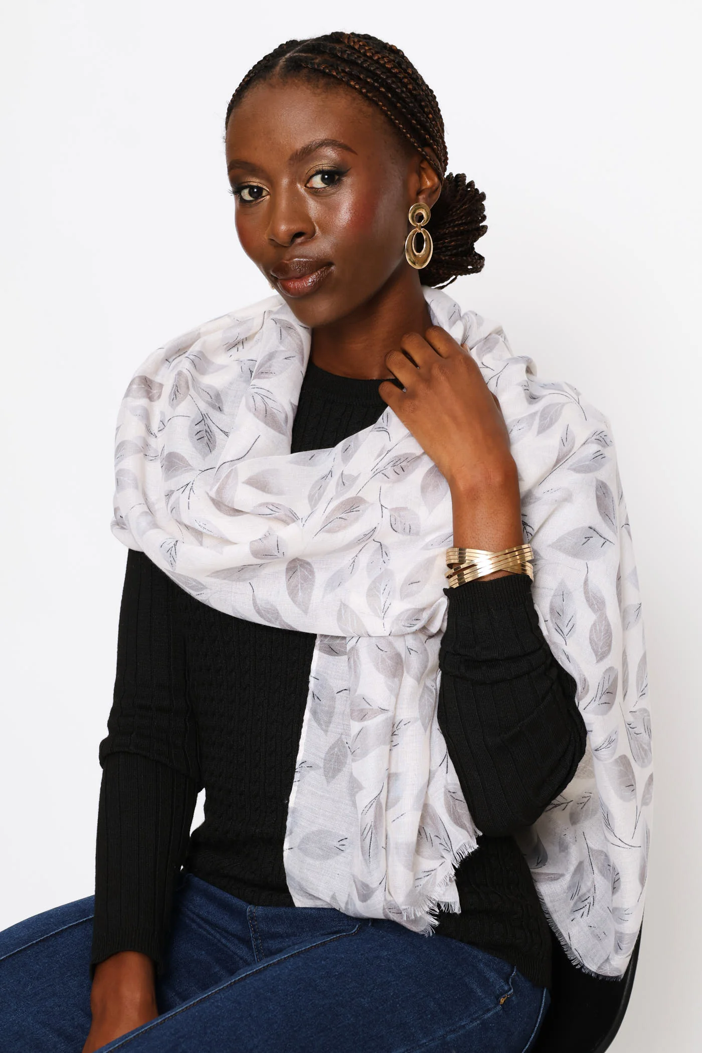 Leaf Print Soft Scarf - Light Grey - Image 3