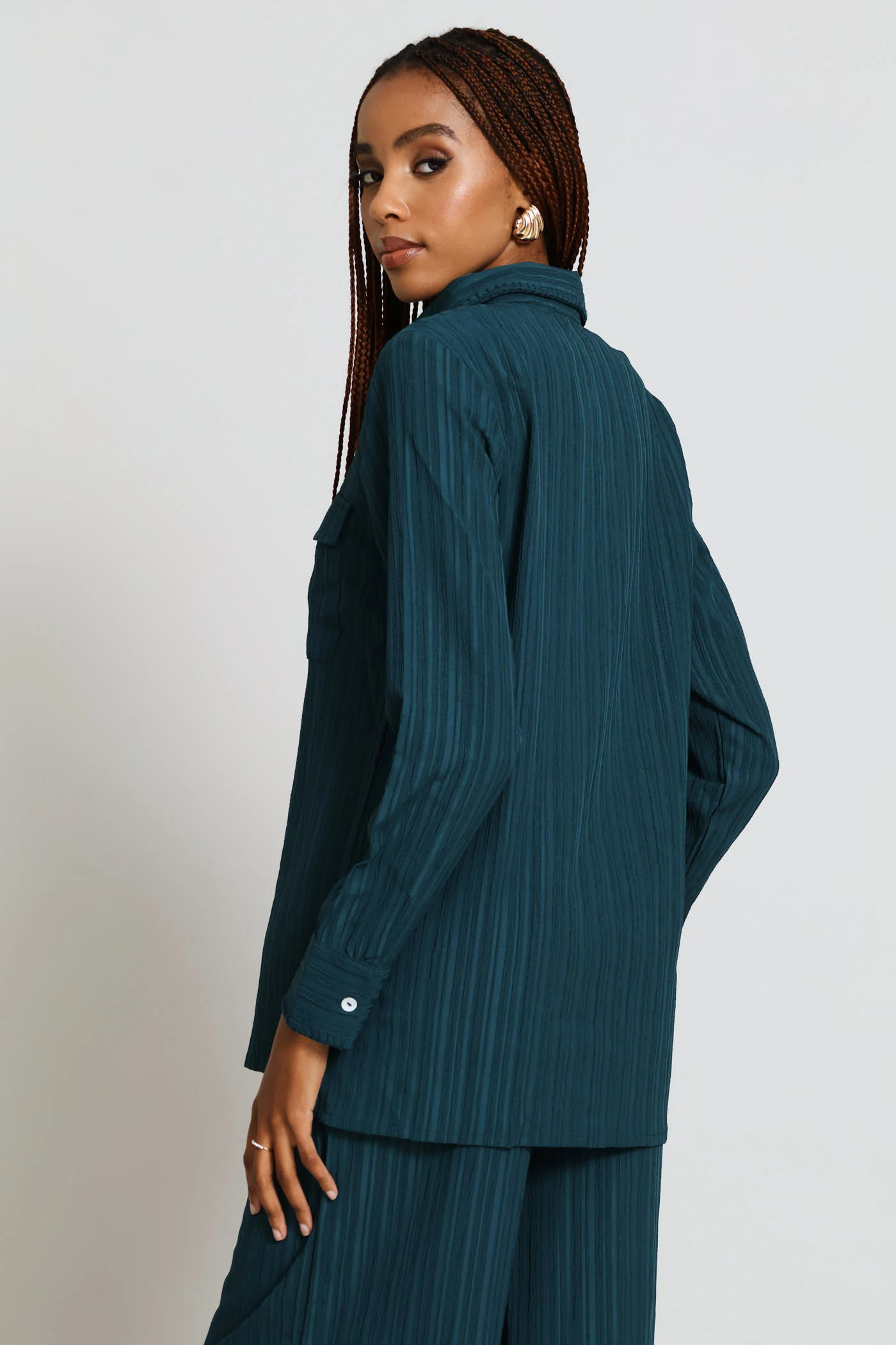 Long Sleeve Blanket Stitch Detail Oversized Shirt - Teal - Image 4
