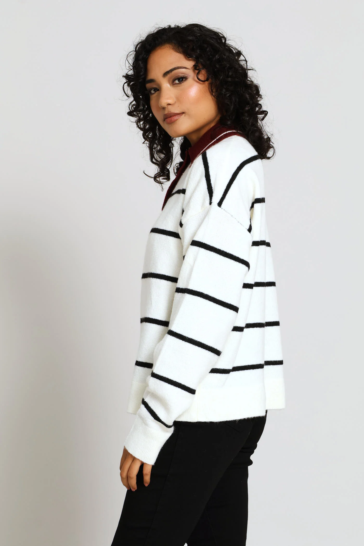 Long Sleeve Button Rugby Sweater - White/Burgundy - Image 3