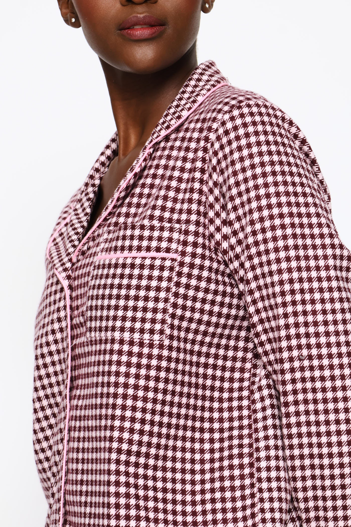 Long Sleeve Button Through & Flannel Pant Set - Burgundy - Image 3