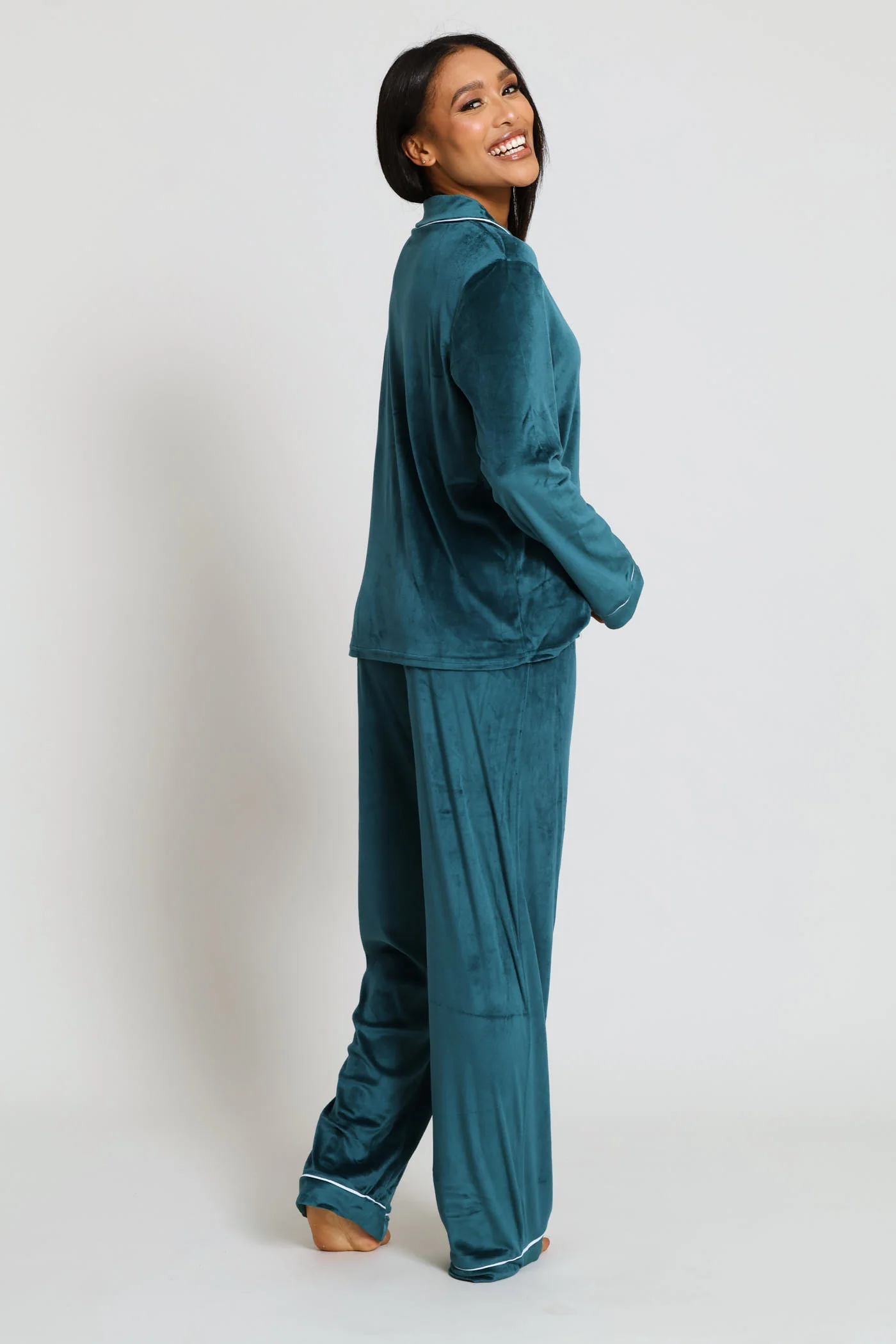Long Sleeve Button Through & Velour Pant Set - Emerald - Image 5