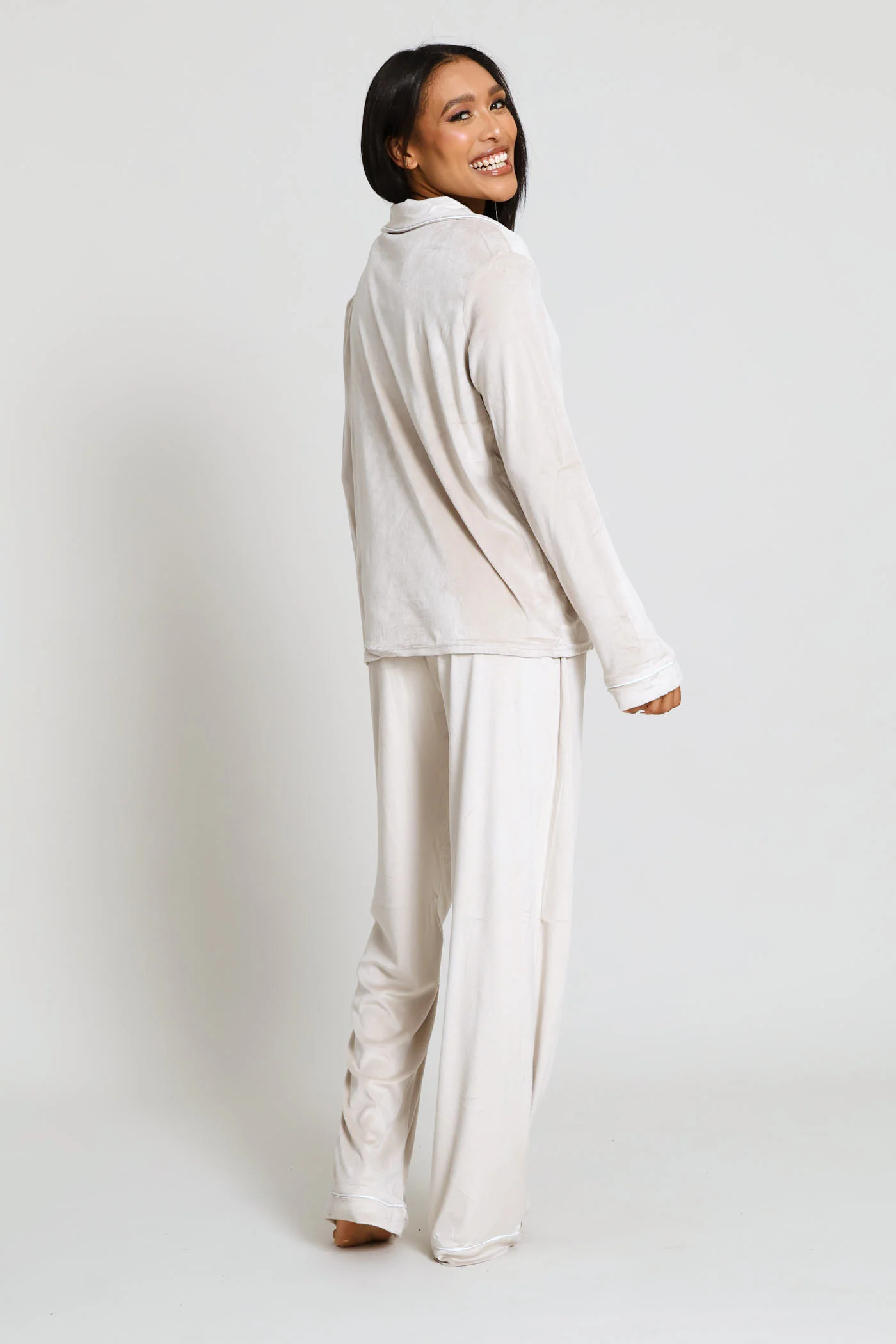 Long Sleeve Button Through & Velour Pant Set - Taupe - Image 6